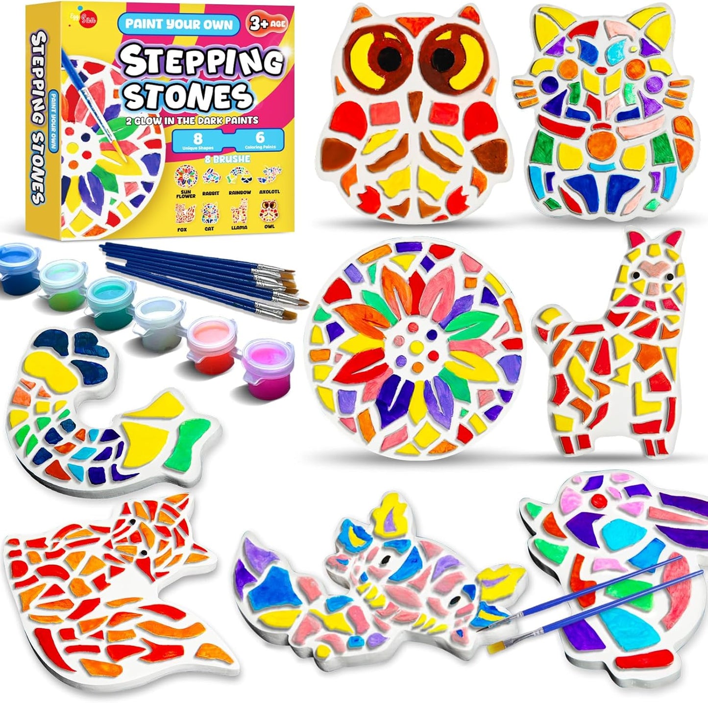 EggSun 8Pcs Stepping Stones Painting Craft Kit for Kids 4 8 6, DIY Garden Stones Outdoor Paint Your Own Ceramic Rainbow Arts and Crafts for Boys Girls Ages 4 7 9 10 12 Birthday Gifts
