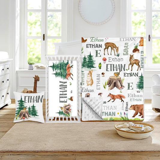 Custom Crib Bedding Set - Woodland Animals Design Personalized Name Baby Nursery Bed 3 Pcs Set - Chic Soft Blanket with Dotted Backing, Sheet, Pillowcase for Newborn Girls Boys Gifts Color13