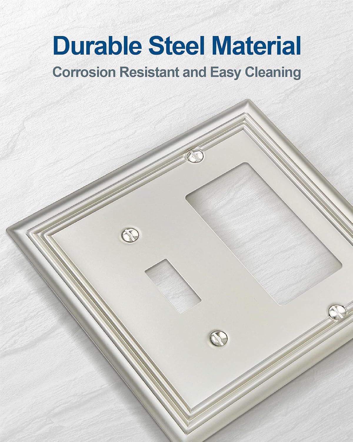 1-Pack Combination Toggle/Decorator Wall Plate, Metal Wall Plate Cover for Light Switch, Receptacle, Dimmer Switch, Satin Nickel, 2-gang, Midsize