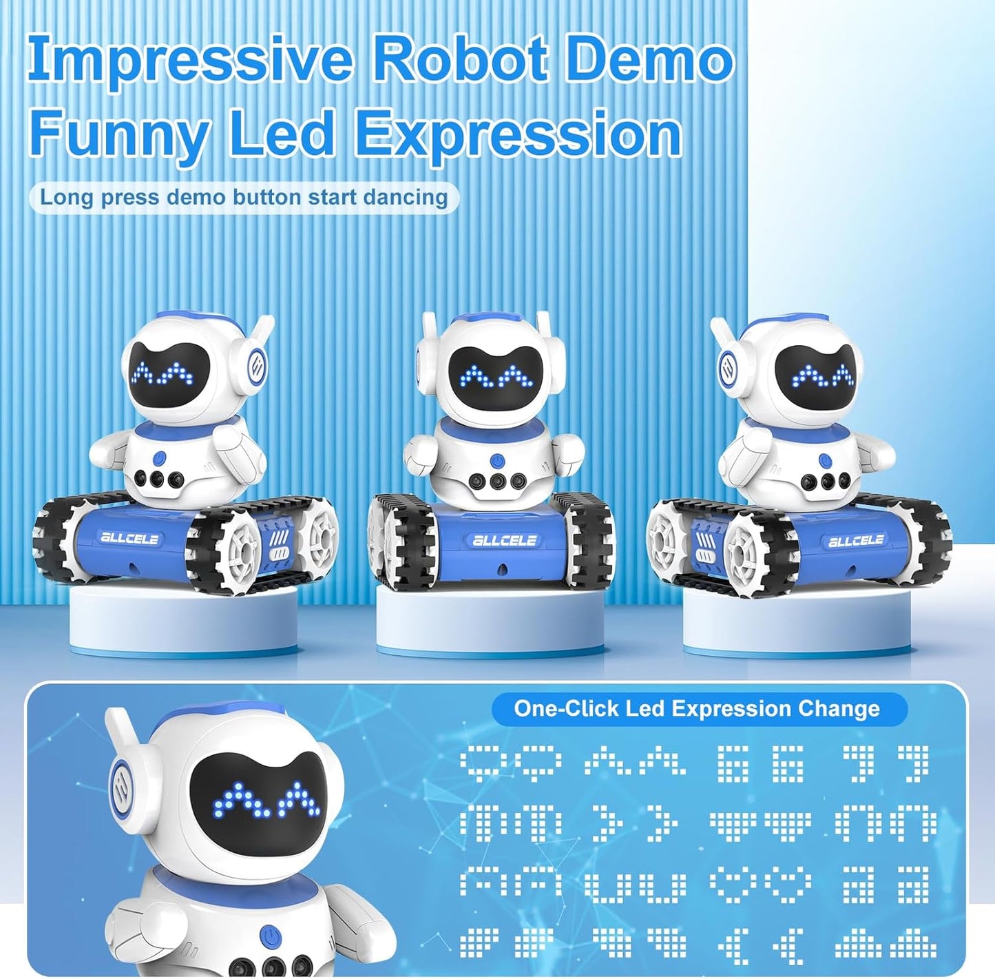 ALLCELE LED RC Robot Toys for Boys and Girls with Walkie Talkie, Programming, Music, Demo and LED Function, Remote Control Robot Toy, Gift for Kids 3-8 Years Old Blue White