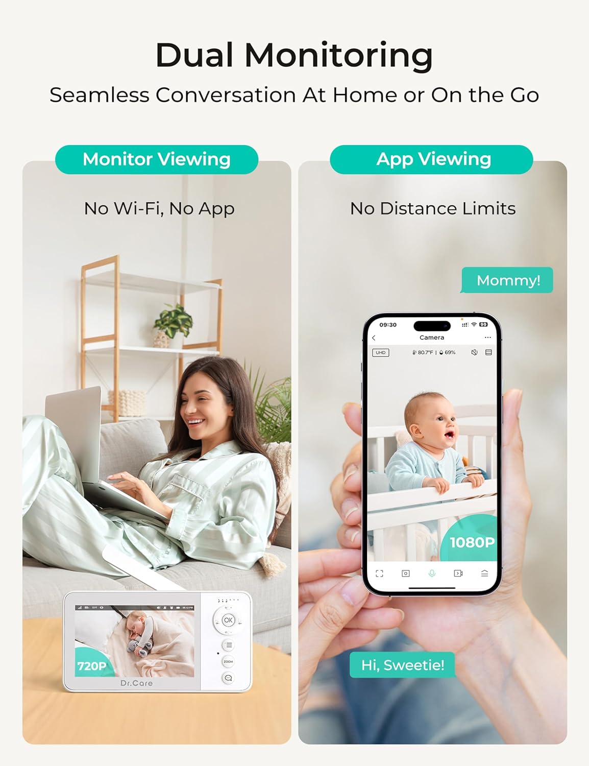VistaView Lite RB Smart WiFi Baby Monitor - 4” 720P Split Screen & 1080P Camera App Control, Motion Alerts, 2500mAh Removable Battery, HD Night Vision, 2-Way Talk, Multi-User, Triple Security