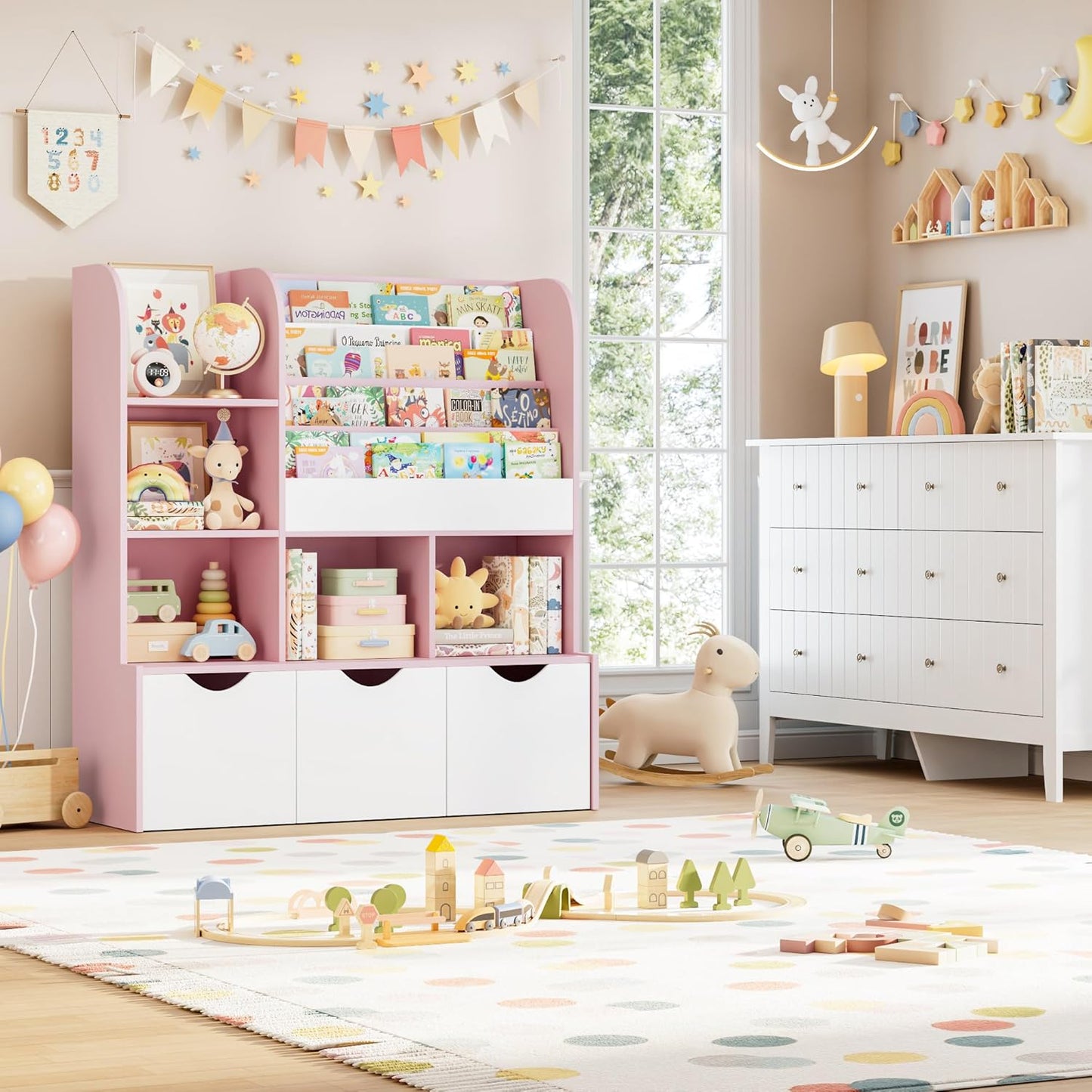 FOTOSOK 47'' Kids Bookcase and Bookshelf, Multifunctional Bookcase with 5 Storage Cubbies and 3 Movable Drawers, Toy Storager Display Stand, Toy Storage Organizer for Bedroom, Playroom, Hallway, Pink