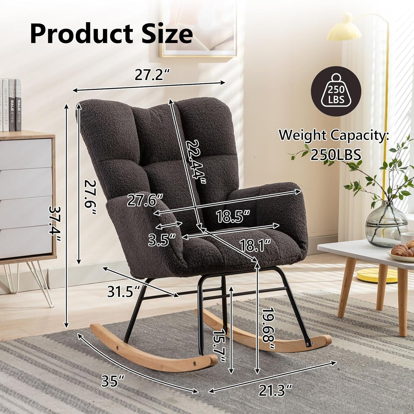 NIOIIKIT Nursery Rocking Chair Teddy Upholstered Glider Rocker Rocking Accent Chair Padded Seat with High Backrest Armchair Comfy Side Chair for Living Room Bedroom Offices (Dark Grey)