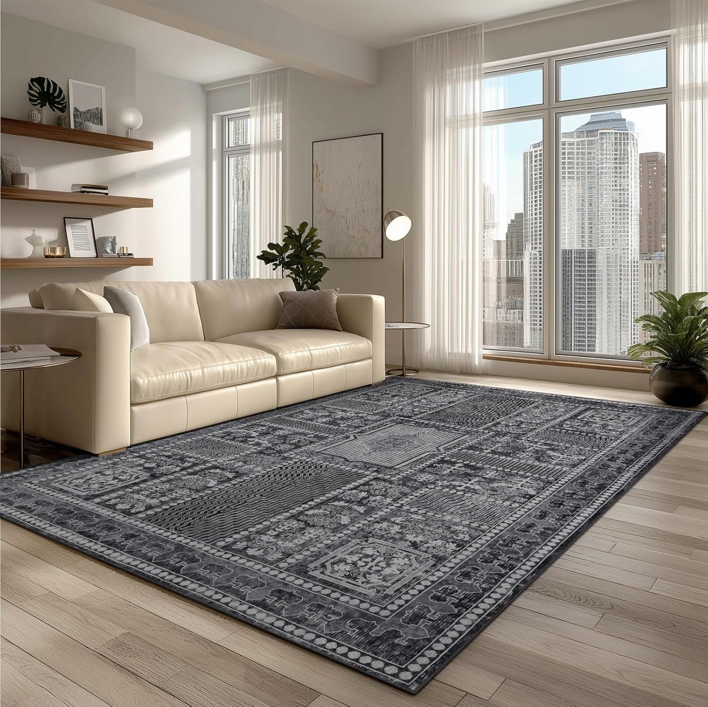Washable 6x9 Area Rug for Living Room, Carpet for Bedroom Dining Room, Non Slip&Non-Shedding Resistant Low Pile Vintage Print Rug for Home Office (Grey)