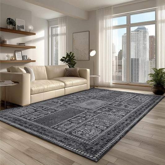 9x12 Area Rug Living Room Rugs, Stain Resistant Washable Rug, Vintage Large Non-Slip Backing, Low Pile Lightweight Print Rug for Bedroom Dinning Room Home Office (Grey)