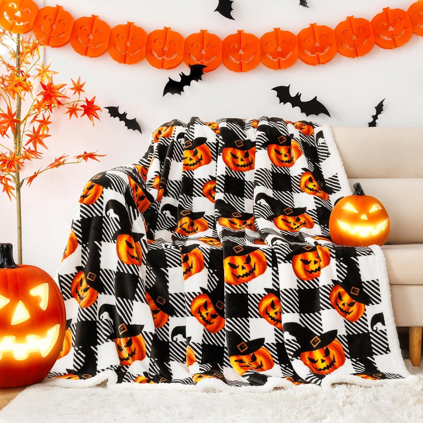 Touchat Halloween Blanket Twin Size 60" X 70"，Pumpkin Sherpa Fall Fuzzy Fluffy Soft Cozy Blankets, Fleece Flannel Plush Microfiber Throw for Couch Bed Sofa, Halloween Decor (BlackHalloween)