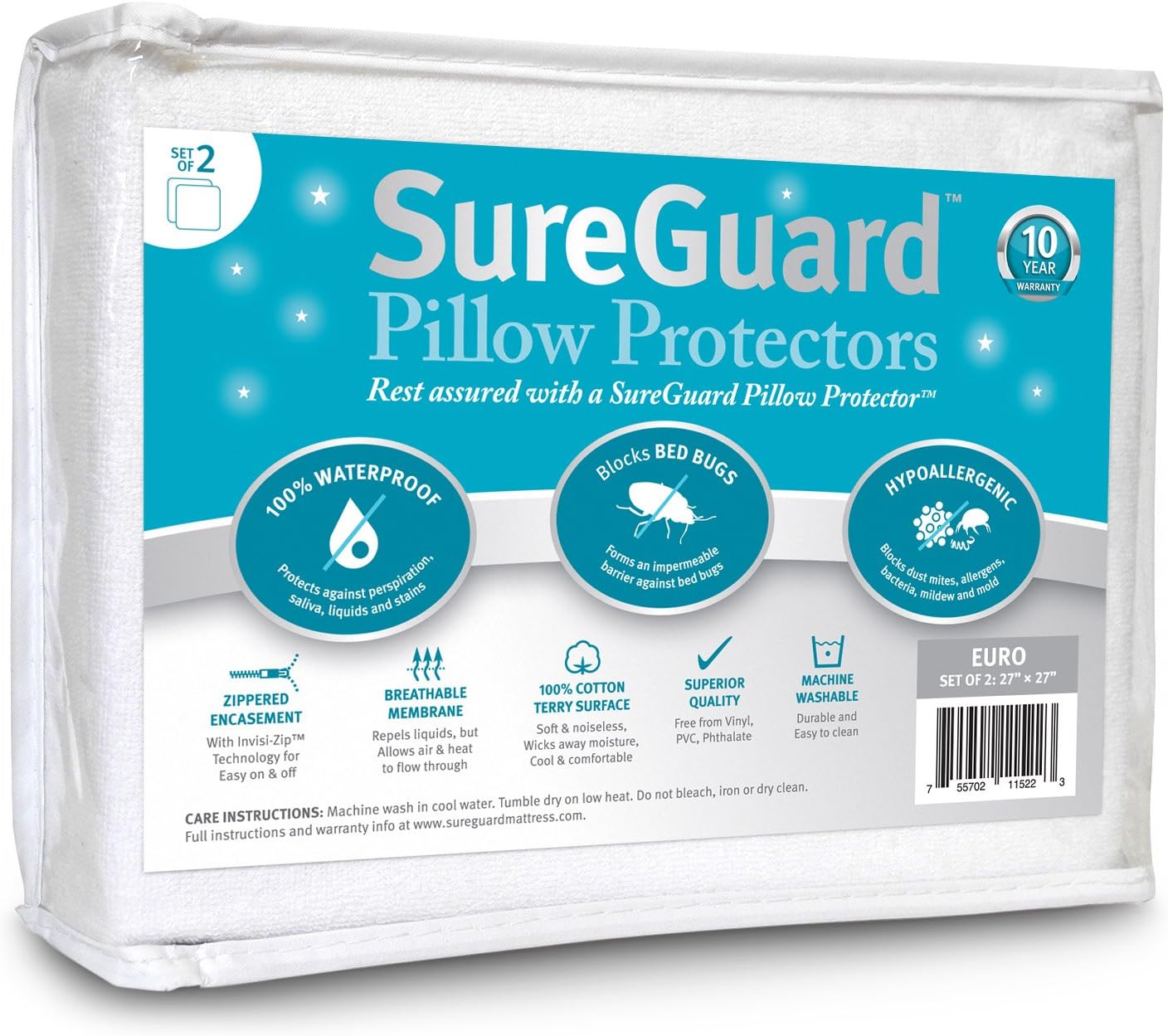 Set of 2 Euro Size SureGuard Pillow Protectors - 100% Waterproof, Bed Bug Proof, Hypoallergenic - Premium Zippered Cotton Terry Covers