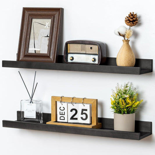 Picture Ledge Shelf for Wall, 24 inch Solid Pine Wood Nursery Book Shelves 2 Packs, Floating Ledge Shelves for Kids' Room Bedroom Bathroom Living Room Photo Frames Office Nursey Wall Decor, Black