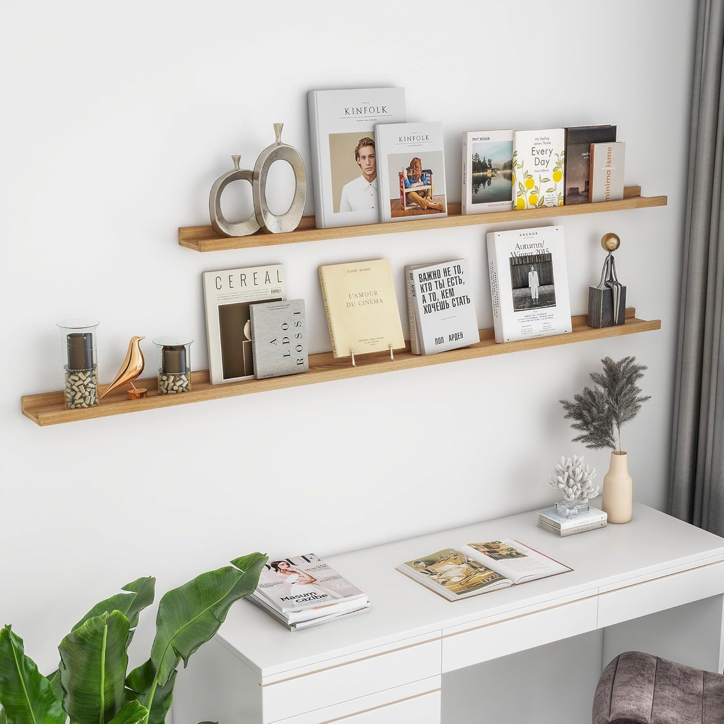 Solid Ash Wood Picture Ledge Shelf, 24 Inch Wood Floating Shelves with Lip Set of 2, Photo Ledge Shelf Nursery Bookshelf Wall Mounted for Living Room Bedroom Decor, Natural