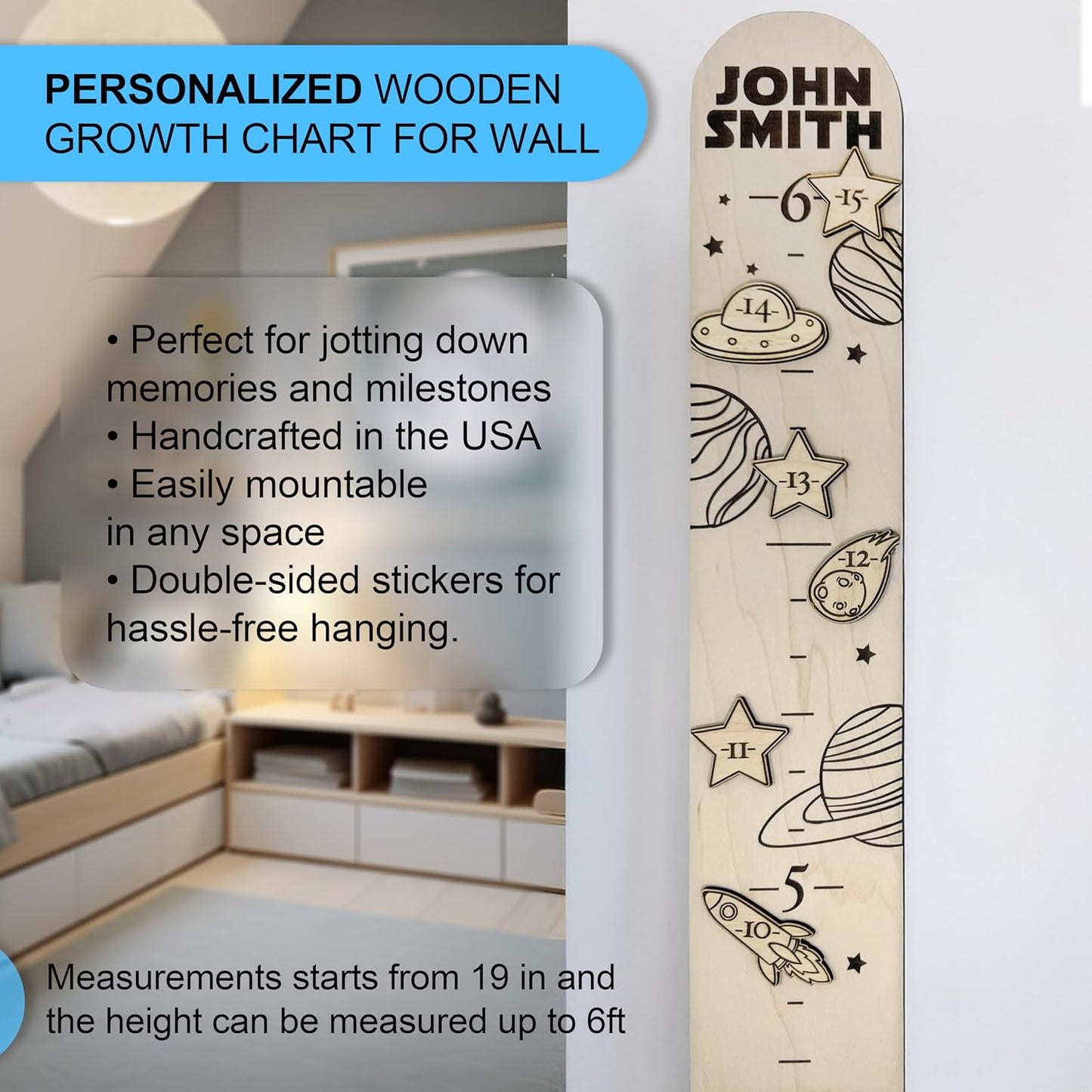 Wooden Height Chart for Wall - Personalized Boy Growth Chart, Custom Name Space Ship Theme Height Ruler Wood, Nursery Growing Wall Meter for Children, Large Baby Growth Chart Solar System, 2 Sizes
