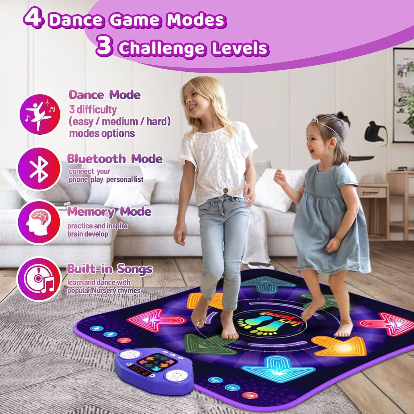 Dance Mat Toys for 3-12 Year Old Kids, Light Up 8 Buttons Dance Mats with Bluetooth, Music Dance Game Toy with 7 Game Modes, Christmas Birthday Gifts for 3 4 5 6 7 8 9 10+ Year Old Girls Boys