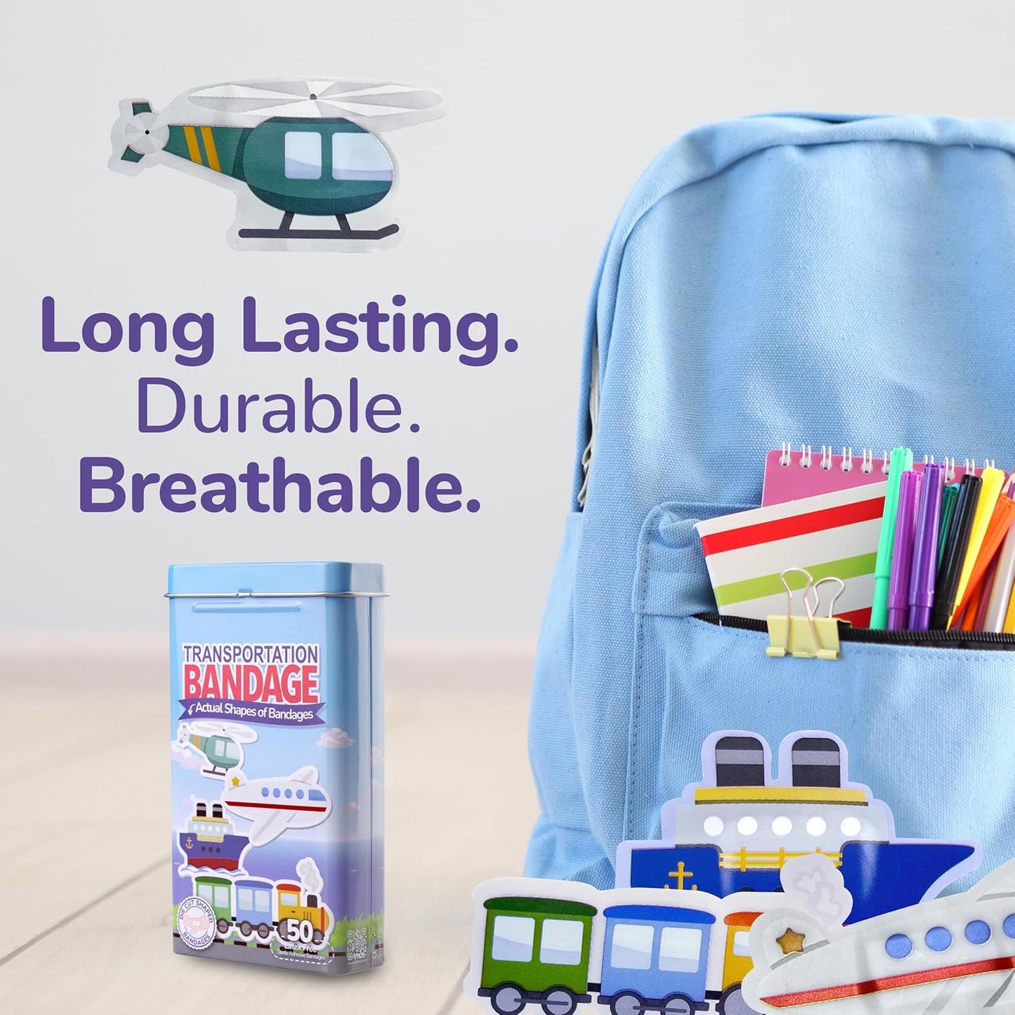 BioSwiss Bandages, Transportation Shaped Self Adhesive Bandage, Latex Free Sterile Wound Care, Fun First Aid Kit Supplies for Kids, 50 Count