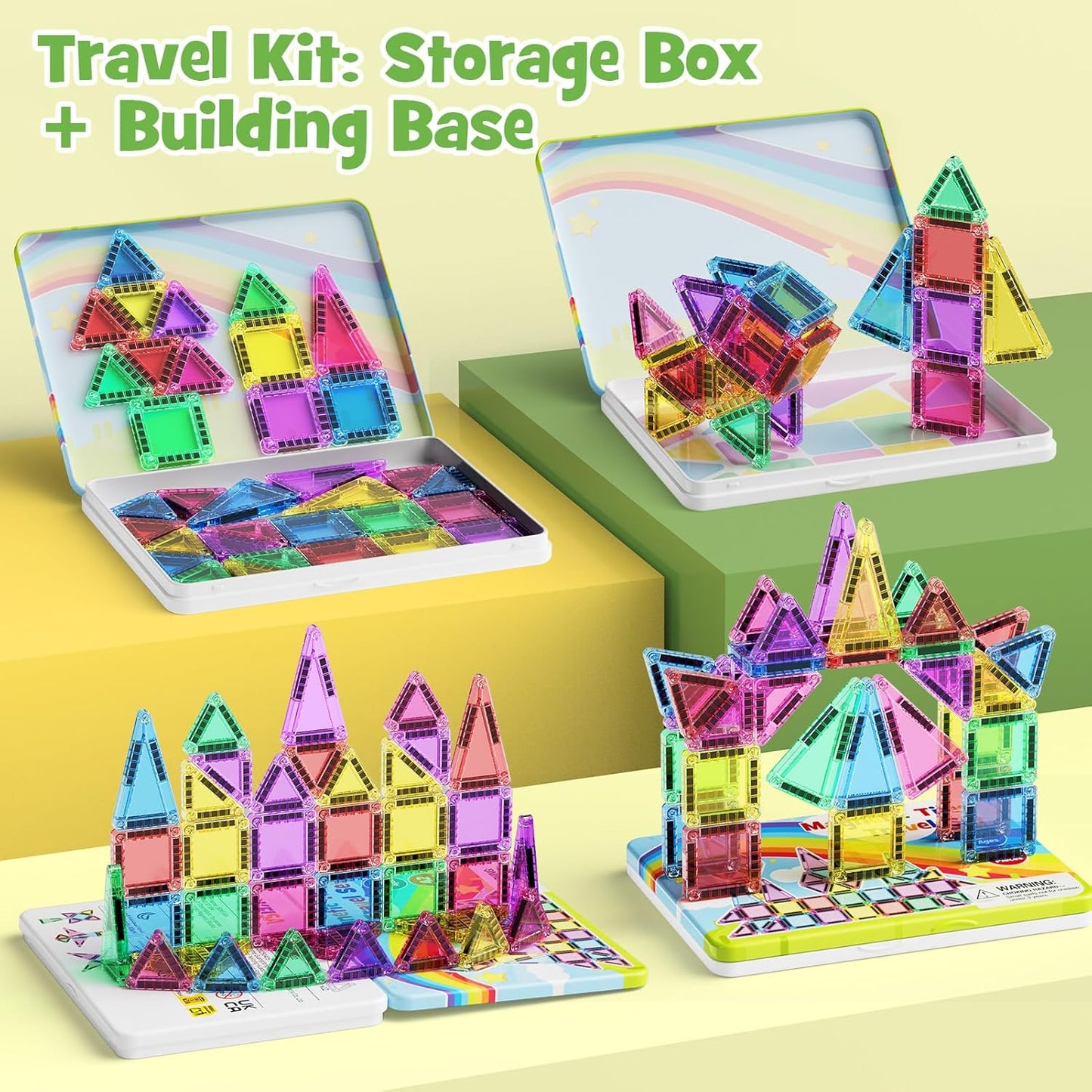 Magnetic Tiles Travel Toys for Kids 4-8, 42PCS Candy Color STEM Building Blocks with Visual Storage Guide & Metal Case, Airplane Activities & Toddler Travel Essentials Ages 3-5