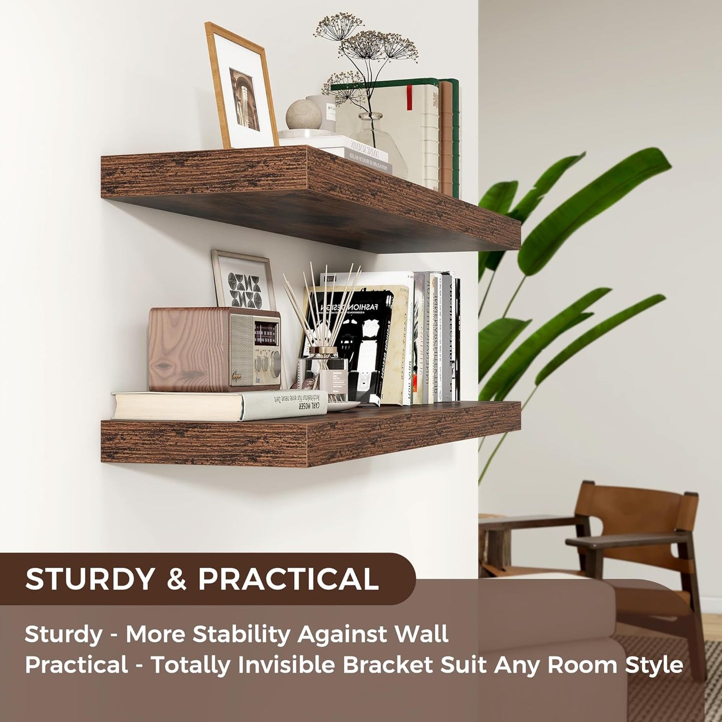 Floating Shelves - 2 Large Wall Mounted Shelves with Invisible Brackets, Long Wood Floating Wall Shelf for Living Room, Bedroom, Kitchen (Brown, 36" W x 9" D x 1.5" H)
