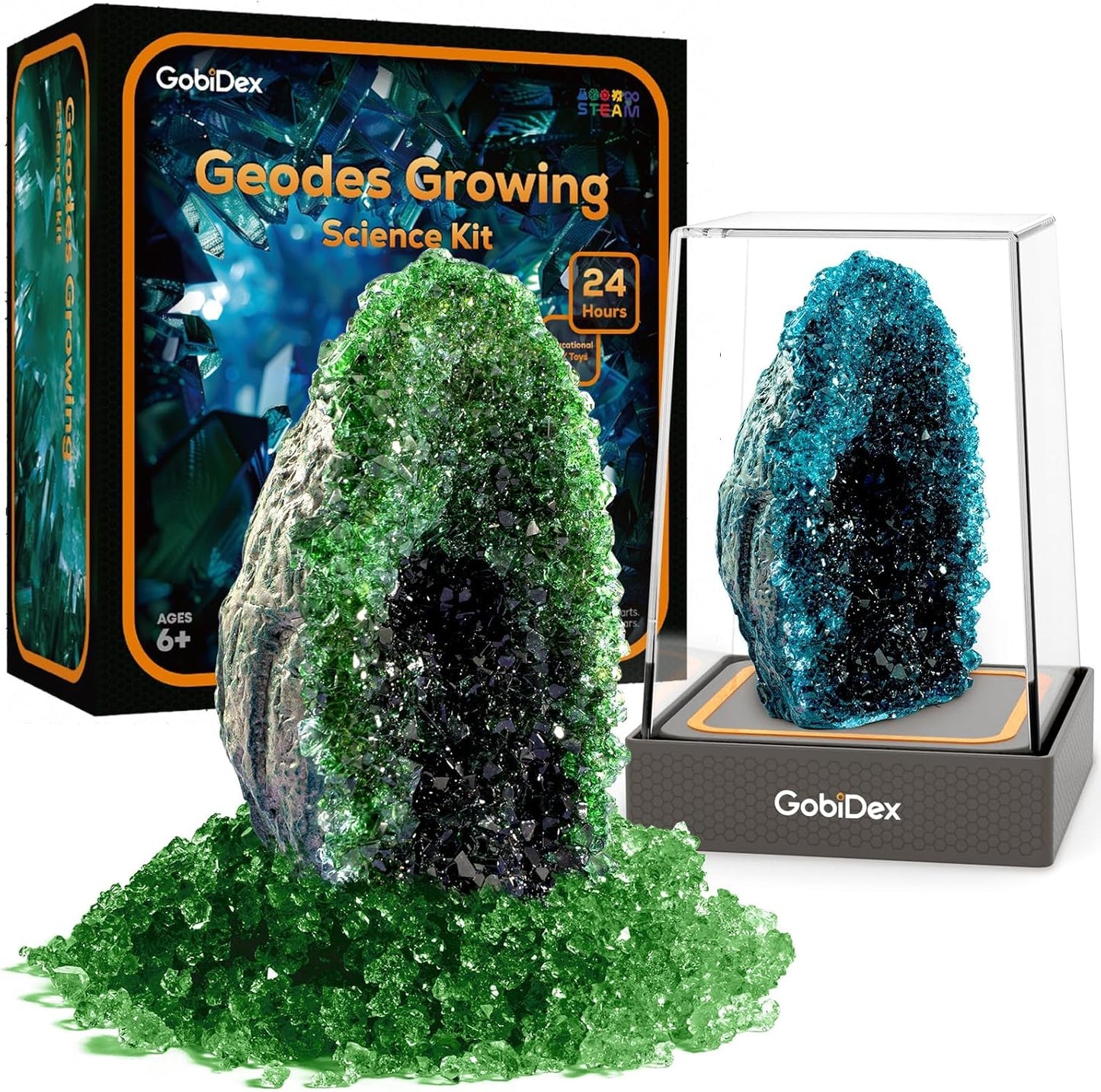 GobiDex Geodes Crystal Growing Kit for Kids, 24-Hour Fast Crystal Growth, Science Experiments Kit with Display Cases - DIY STEM Toys, Educational Gifts for Boys&Girls Ages 8-12,Geology Rock Collection