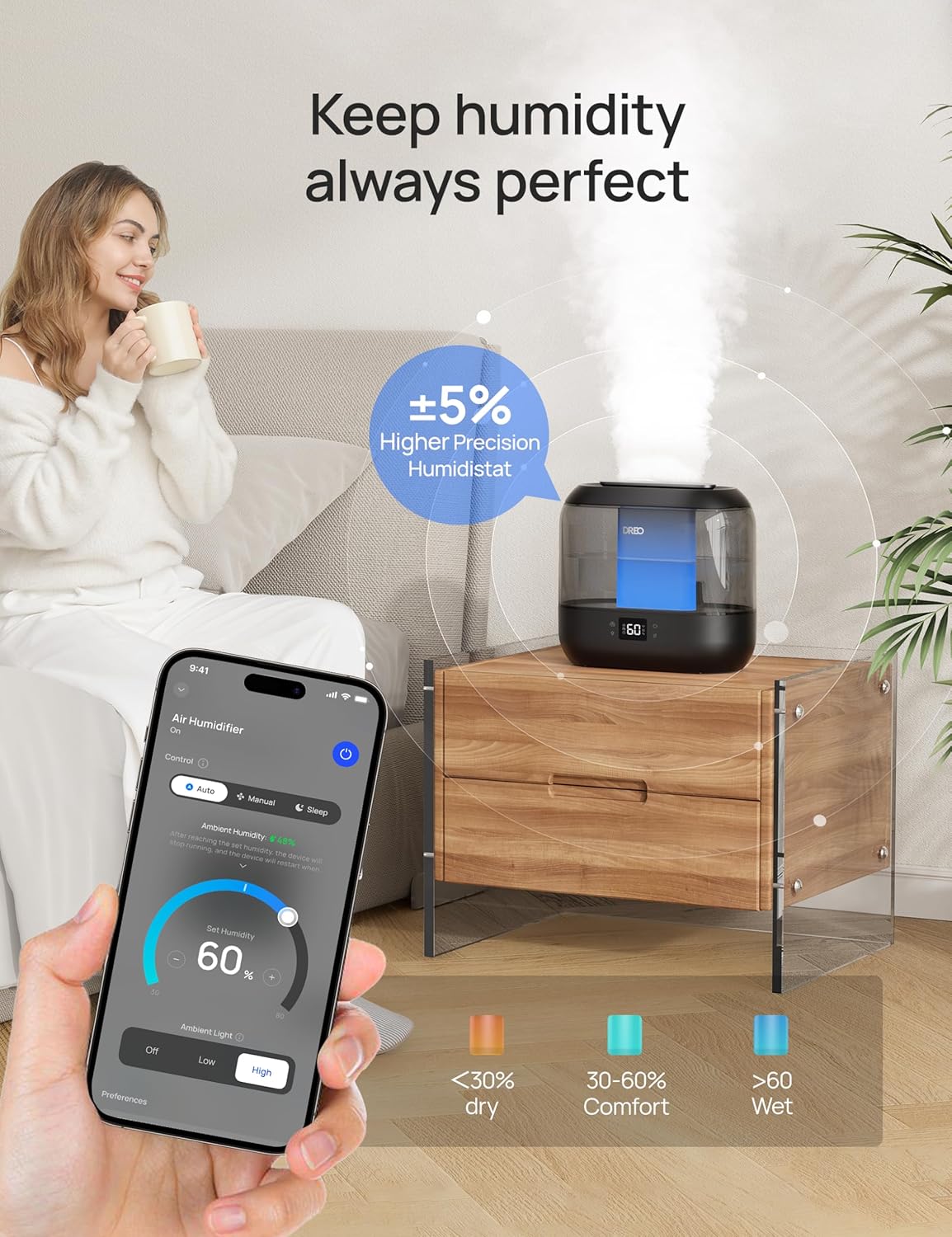 Dreo Smart Humidifiers for Bedroom, Top Fill 4L Supersized Humidifier Large Room with 28 dB, 36H Runtime, Touch/APP/Voice Control, Nightlight, Cool Mist Humidifiers for Baby, Plants, Indoor, Black