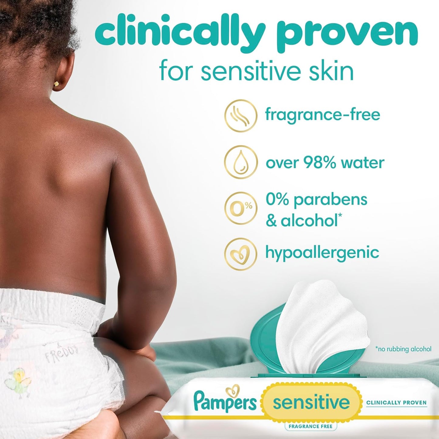 Pampers Sensitive Baby Wipes, Water Based, Hypoallergenic and Unscented, 6 Flip-Top Packs (504 Wipes Total)