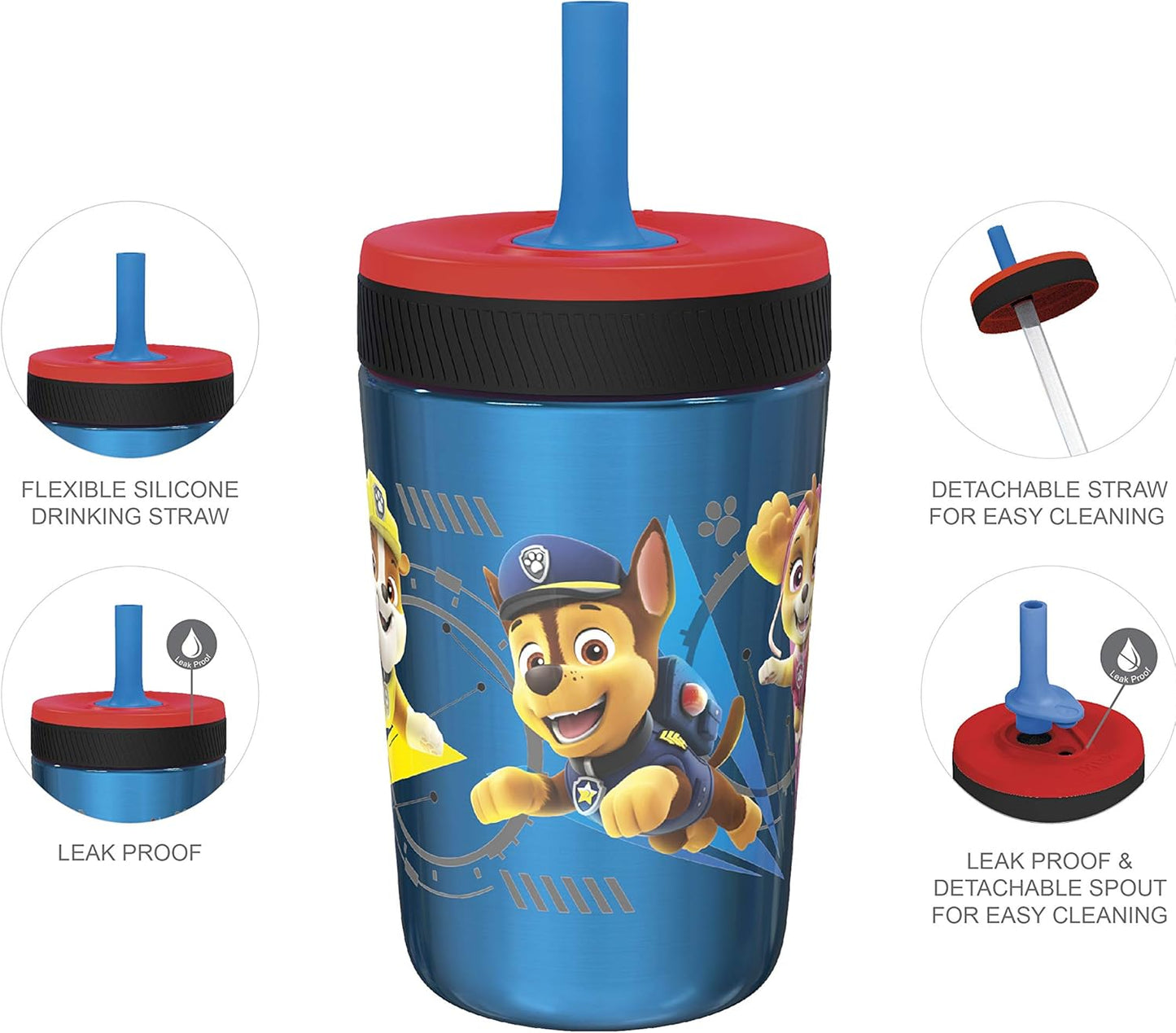Zak Designs PAW Patrol Kelso Tumbler Set, Leak-Proof Screw-On Lid with Straw, Bundle for Kids Includes Plastic and Stainless Steel Cups with Additional Sipper (Paw Patrol- 3pc)15 fl oz