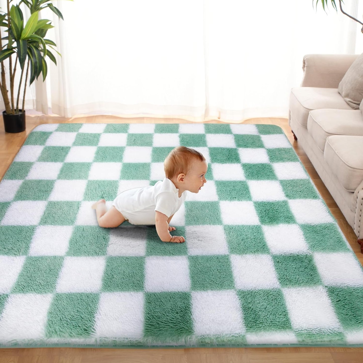 Super Soft Rug for Bedroom, 8x10 ft Sage Green and White Area Rug Classic Checkered Shaggy Anti-Skid High Pile Soft Fluffy Rug Fuzzy Carpet for Living Room Bedroom Kids Room Nursery, Dorm