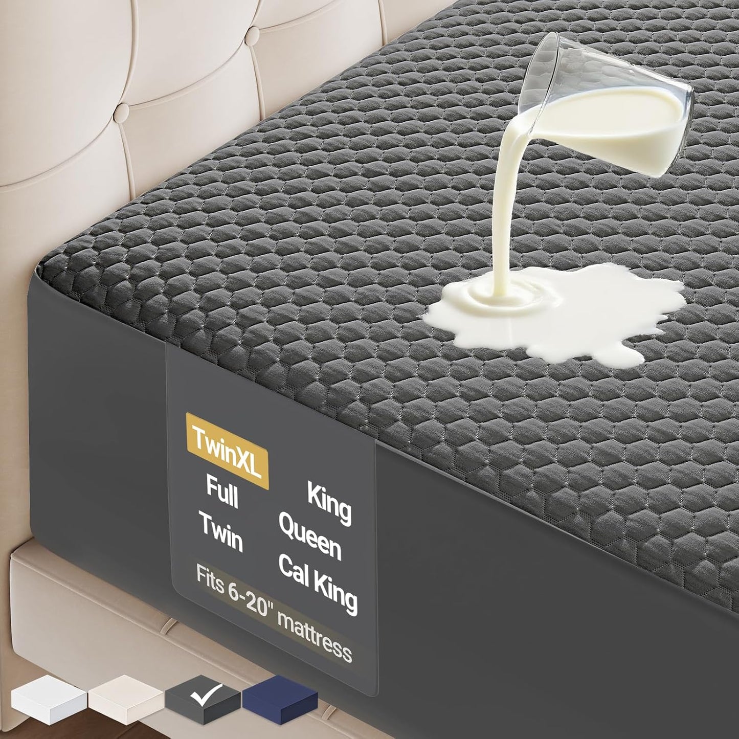 OhGeni 100% Waterproof Mattress Protector, Twin XL-Gray Size Mattress Pad, Fits 6"-20" Mattresses with Deep Pocket, Cooling, Breathable Fitted Sheets, Soft Bed Cover, Noiseless, Machine Washable