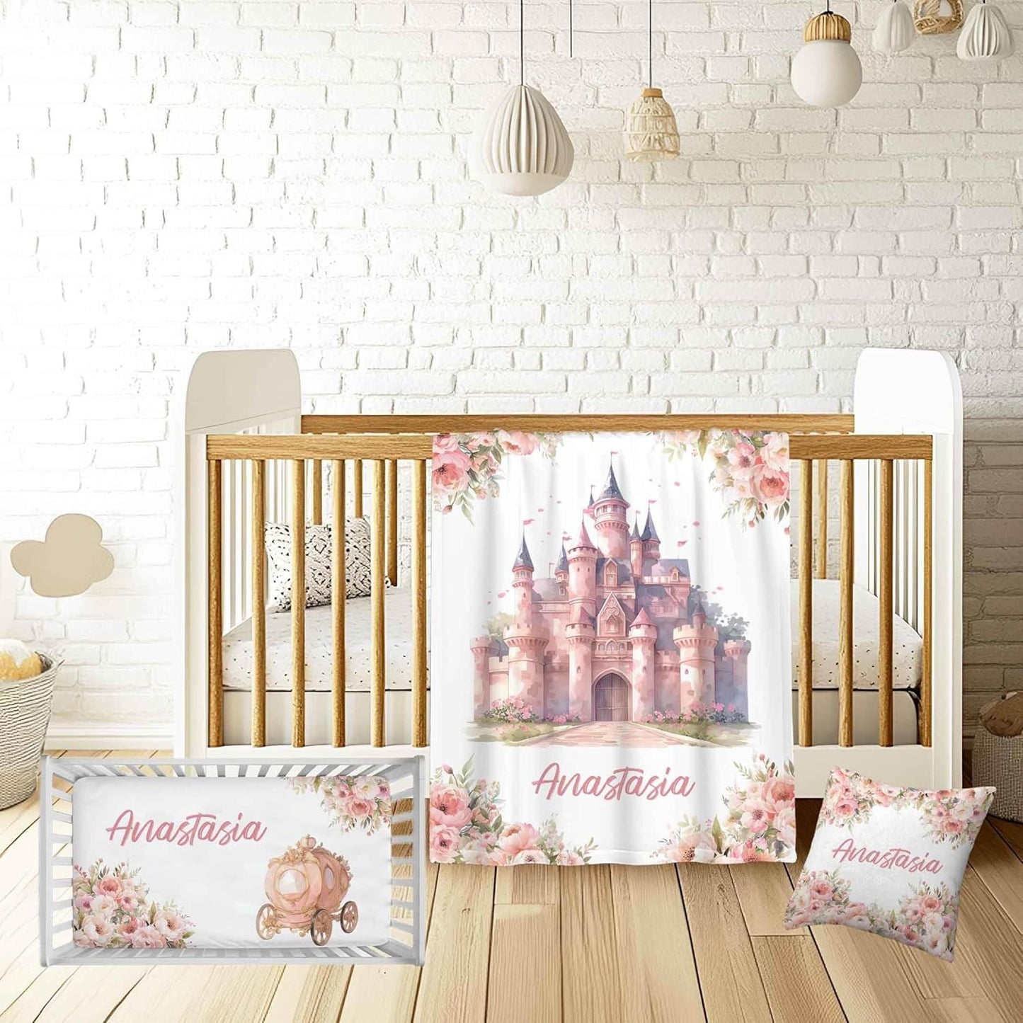 Personalized Baby Girl Crib Bedding Set – Custom Name Princess Castle 3-Piece Nursery Set with Soft Flannel Blanket, Fitted Sheet & Pillowcase – Infant & Toddler Bedding Gift