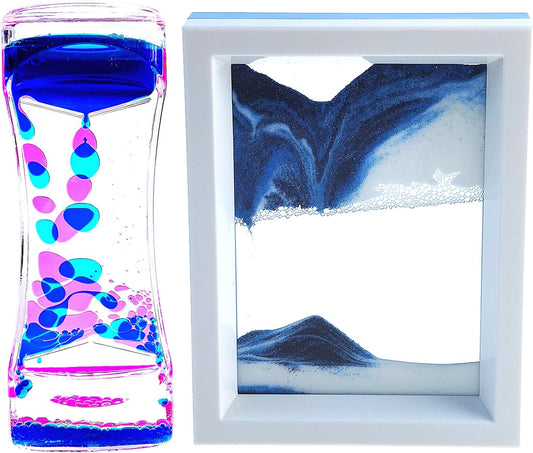 Liquid Motion Bubbler Timer and Moving Sand Art Picture 2 Pack Colorful Hourglass Liquid Bubbler Art Toys Activity Calm Relaxing Desk Toys Voted Best Gift!