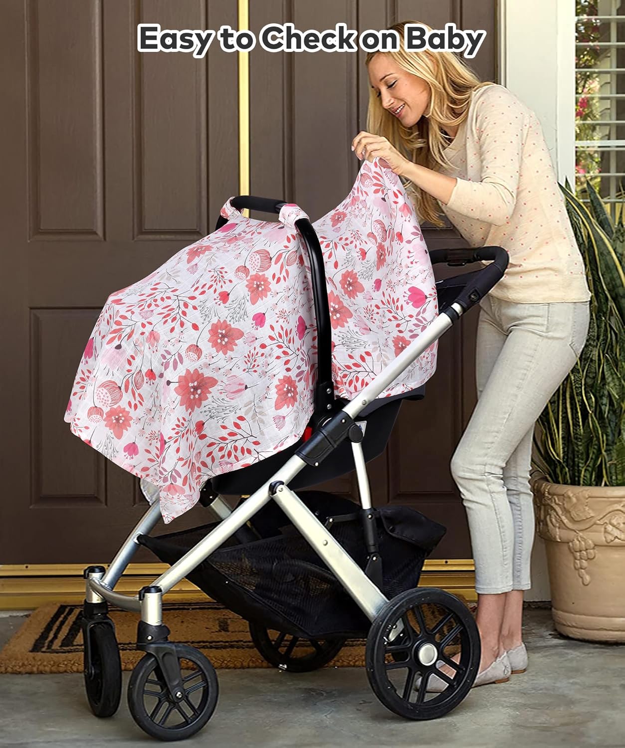 Rquite Muslin Car Seat Cover Baby, Carseat Covers Baby Girl Boy, Breathable Lightweight Infant Car Seat Cover, Baby Carrier Cover Car Seat Canopy Stroller Sun Shade for Summer & Hot Day, Universal Fit