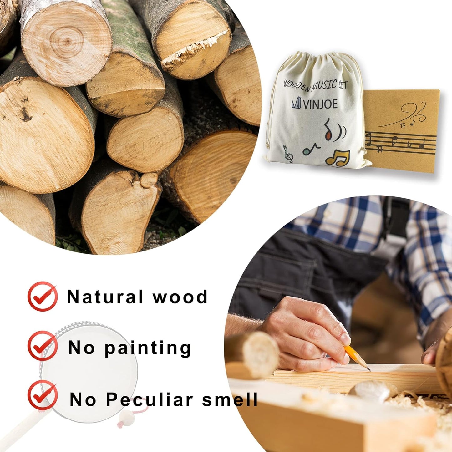 VINJOE Wooden Music Set–Kids Musical Instruments Toys, Natural Wood Percussion Instruments Toy for Kids Preschool Education Baby Musical Toys Instrument Set for Toddlers Best Gifts for Christmas