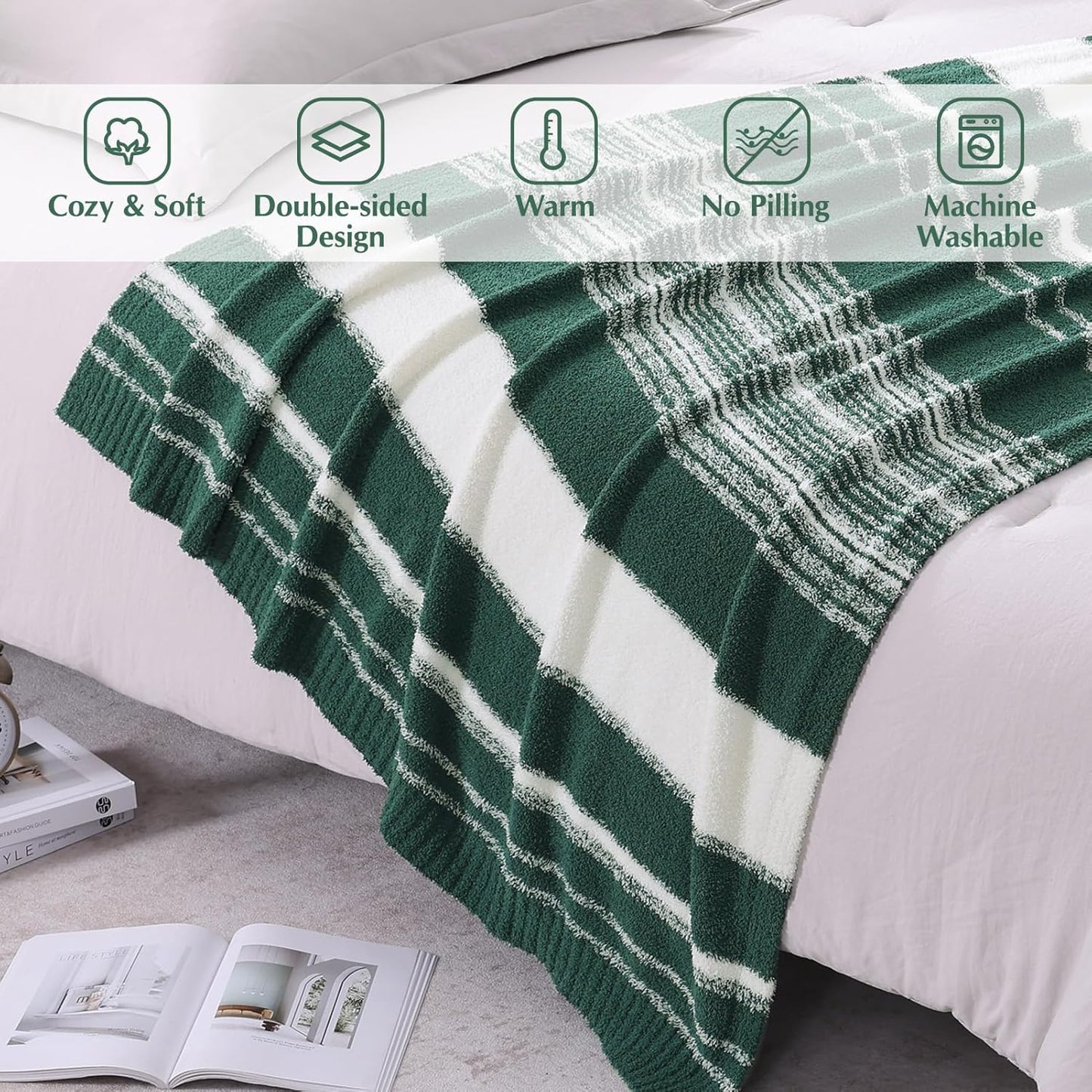 WRENGONGE Dark Green Throw Blanket, 50x70 Soft Cozy Striped Throw Blankets for Couch, Sofa, Bed, Travel, Lightweight Fluffy Warm Plush Decorative Blankets for Women, Men,Kids Gift