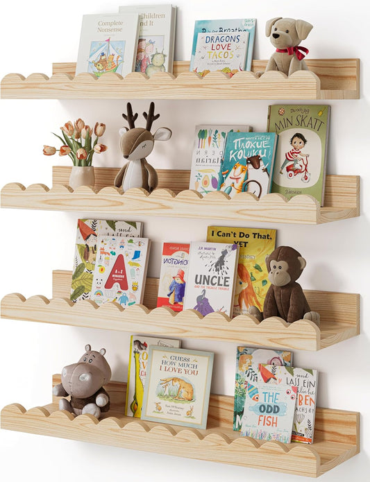 Nursery Book Shelves, 4-Pack Wood Floating Shelves for Wall Kids, Scalloped Shelves, Wall Book Shelves for Bedroom Kids, Toddler Room, Baby Room, Nursery Decor(Wood, 16.5 Inches)