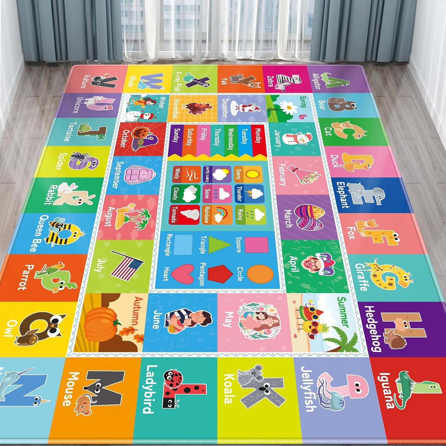 Kids Rug for Playroom, Kids Baby Playmat with Alphabet, Month, Weather, Week and Shapes ABC Educational Rug, Play Mat Carpet for Bedroom Classroom (110.2X78.7 INCH, Weather)