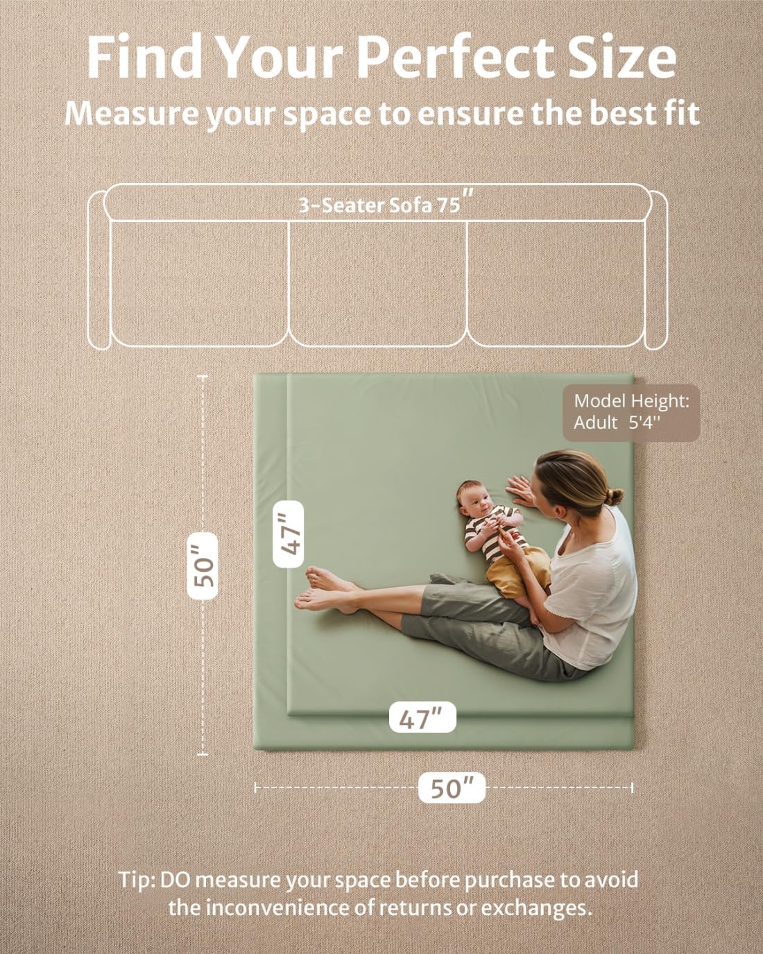 Blissful Diary Vegan Leather Baby Play Mat, 50x50 Thicken Foam Cushioned & Waterproof Playpen Mat for Infants and Toddlers, Stylish and Just Wipe-Clean Playmat for Baby Play on Floor, Light Green