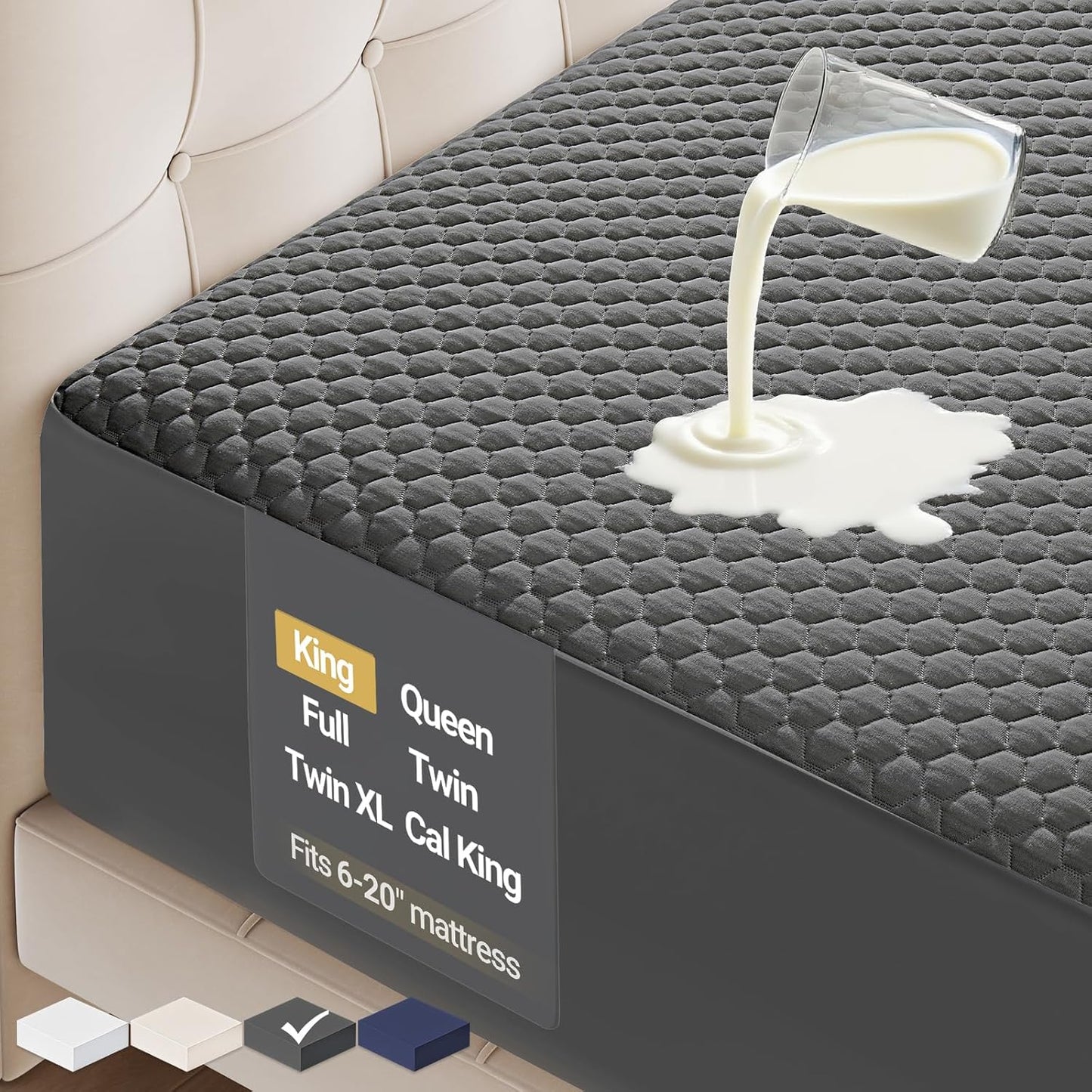 OhGeni 100% Waterproof Mattress Protector, King-Gray Size Mattress Pad, Fits 6"-20" Mattresses with Deep Pocket, Cooling, Breathable Fitted Sheets, Soft Bed Cover, Noiseless, Machine Washable