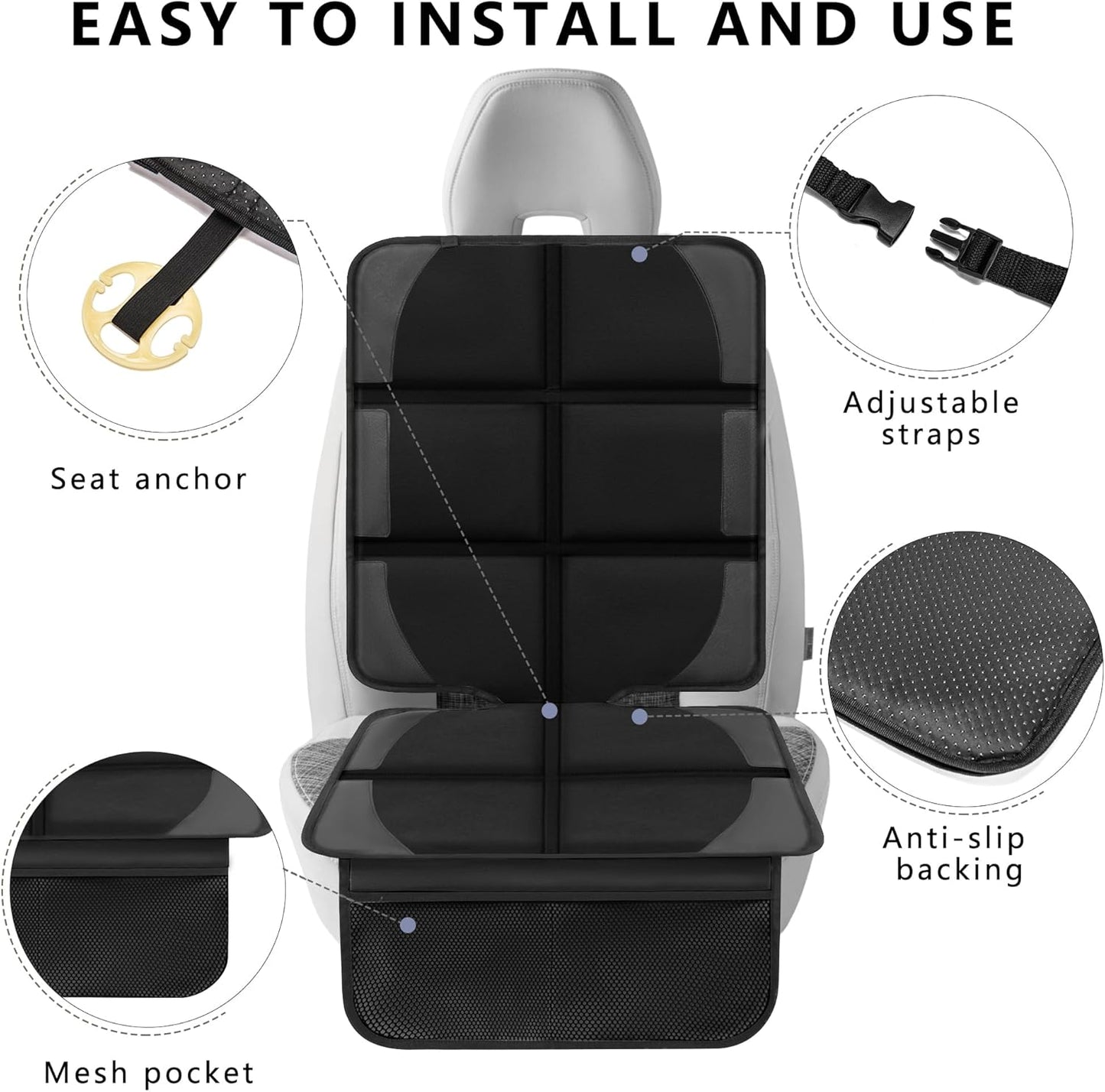 Car Seat Protector for Child Car Seat, 2 Pack Baby Car Seat Covers with Mesh Pockets & Non-Slip Backing 600D Durable Seat Protector Under Baby Car Seat for Car Back Seat (Black, Large)