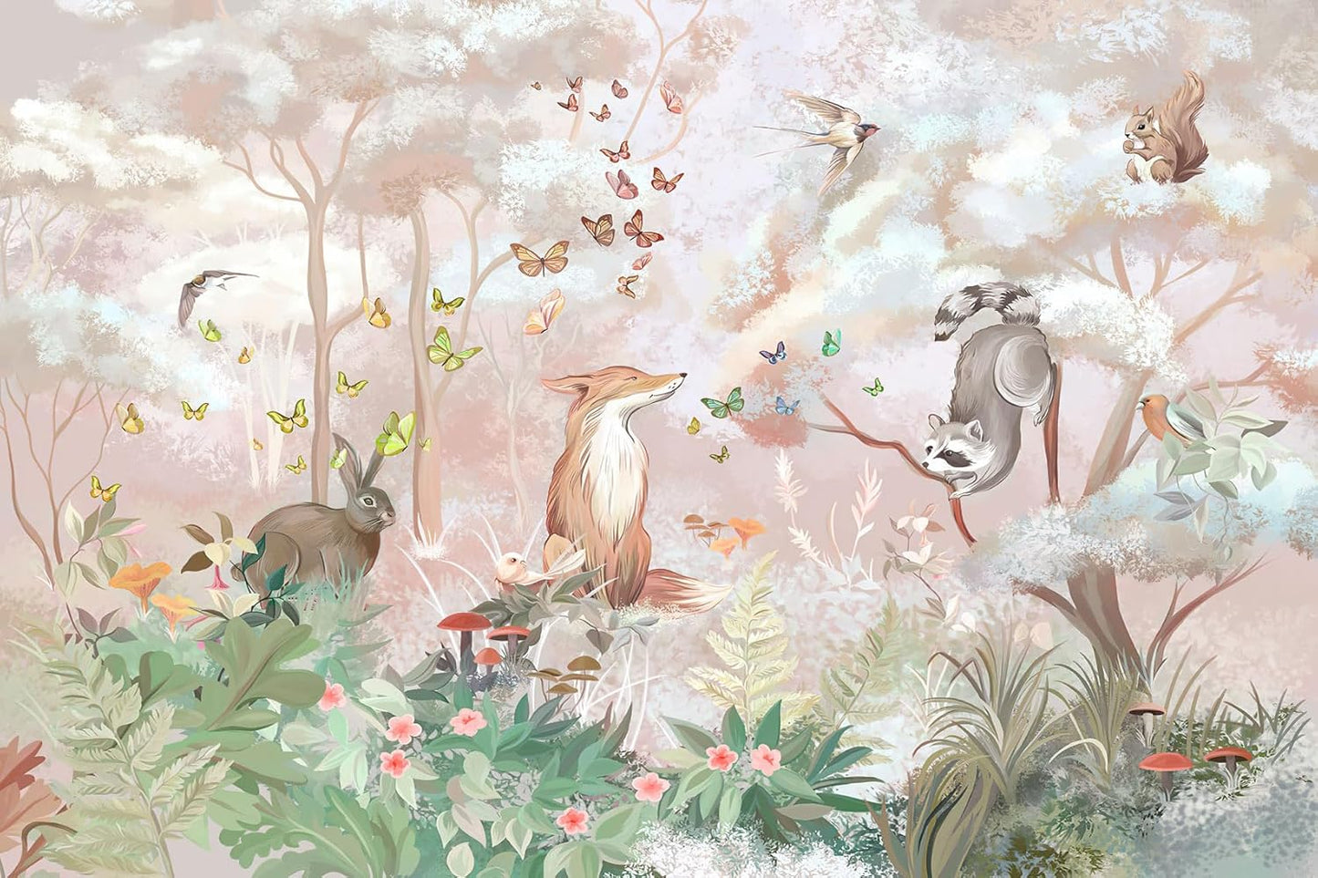Kids Safari Wallpaper for Nursery, Woodland Fox Squirrel Rabbit Animals Wall Mural Pink Forest Wallpaper for Bedroom Living Room Children's Room(Not Self-Adhesive)