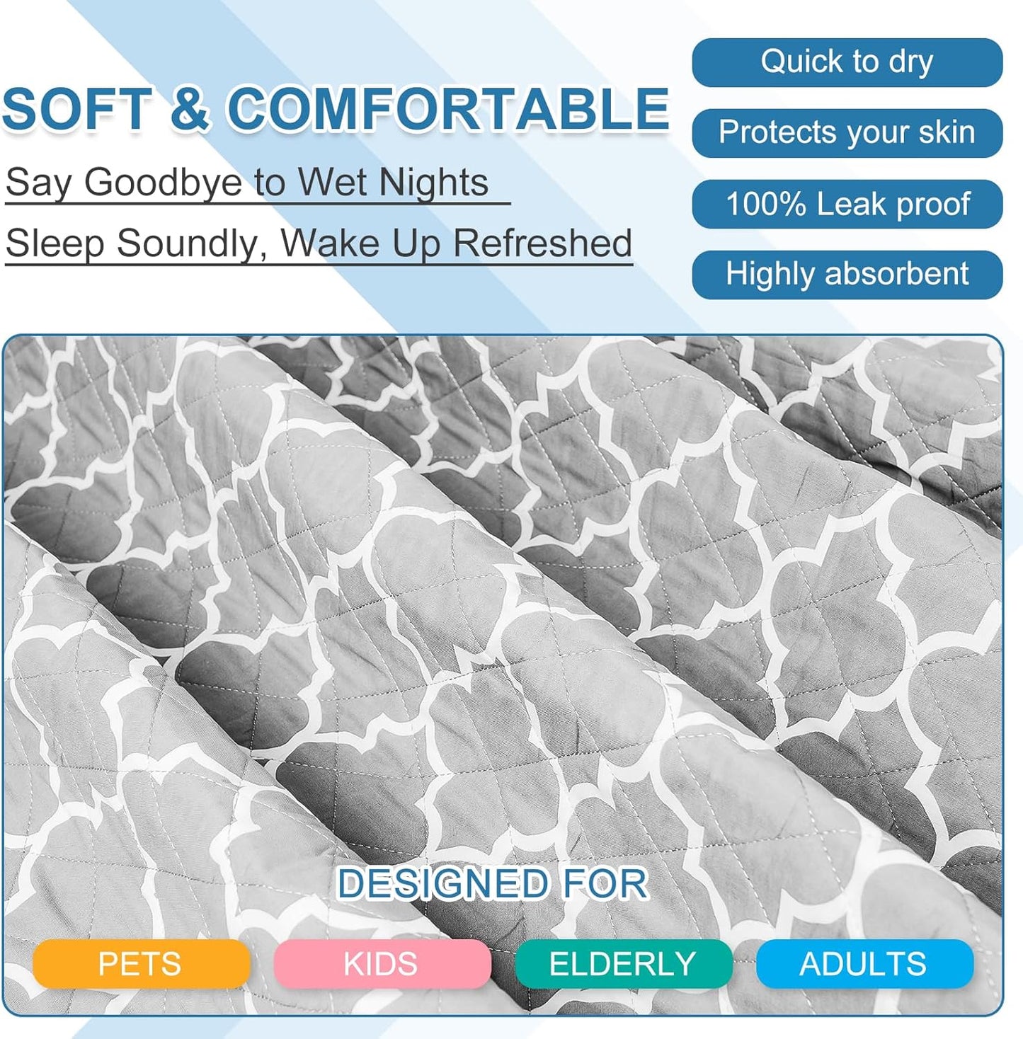 OUTCREATOR® Washable Bed Pads 34" x 56" (Pack of 2), Incontinence Mattress Protector, Anti-Slip Waterproof Underpads for Adults Kids Elderly Pets, Absorbency & Reusable Bedwetting Pads (Gray)