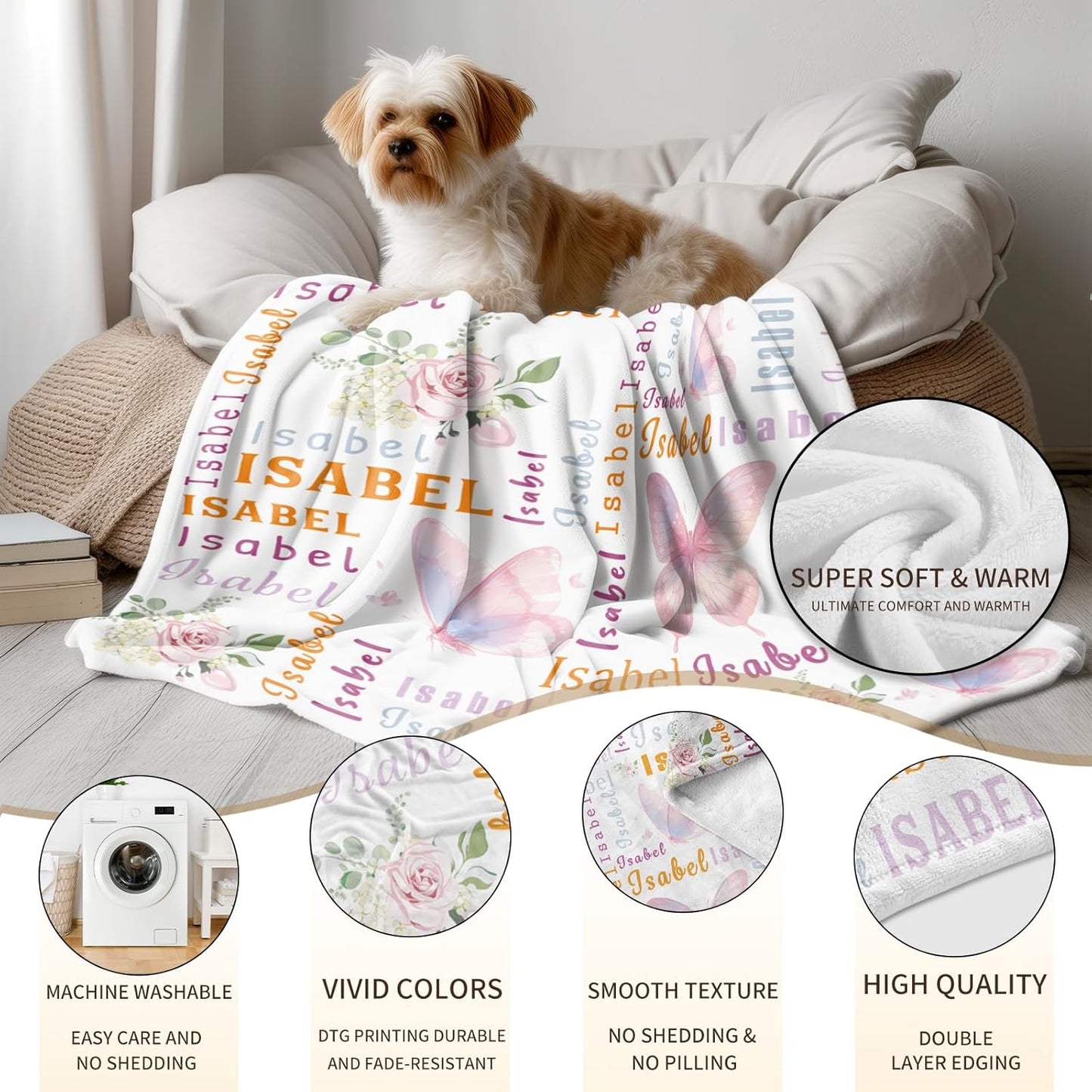 Ship Next Day, Personalized Baby Blanket - Printed in USA, Custom Baby Blanket with Name, Customized Animal Blankets for Boys & Girls, Soft Cozy Receiving Blankets for Toddlers, Stroller Decor Throw