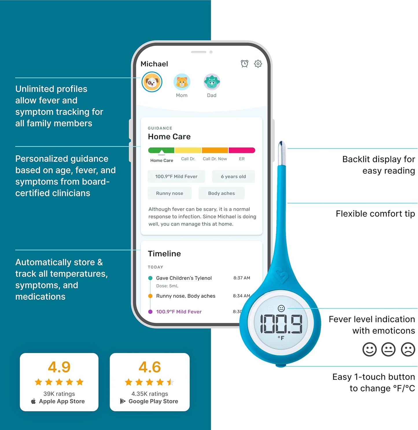 Kinsa Smart,Fever, Digital Medical Baby, Kid and Adult Termometro - Accurate, Fast, FDA Cleared Thermometer for Oral, Armpit or Rectal Temperature Reading - QuickCare