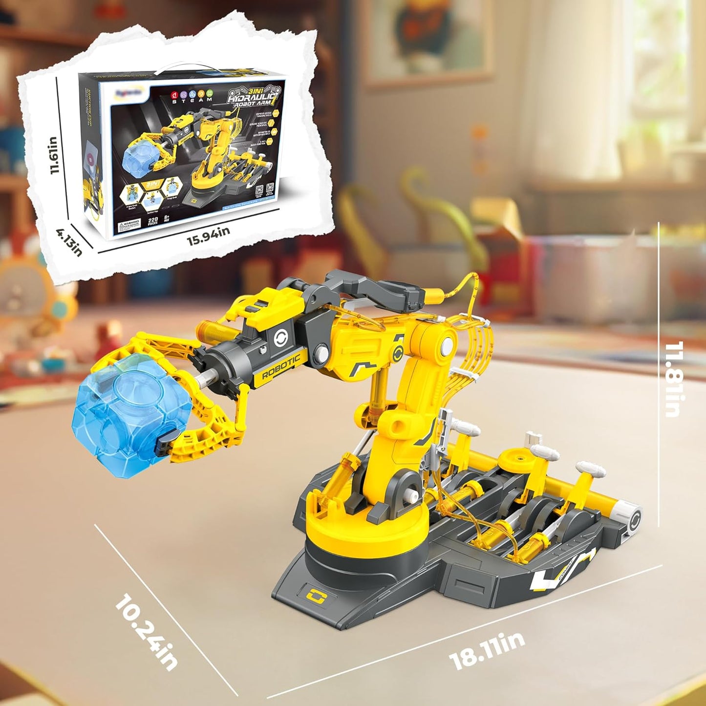 SMIESSKIDDO 3 in 1 Hydraulic Robot Arm - 220 Pcs STEM Building Toys with 4-Jaw Grab, Suction & Tongs for Kids 8-12 | No Batteries Needed Engineering Gift for Boys & Girls Ages 9 10 11