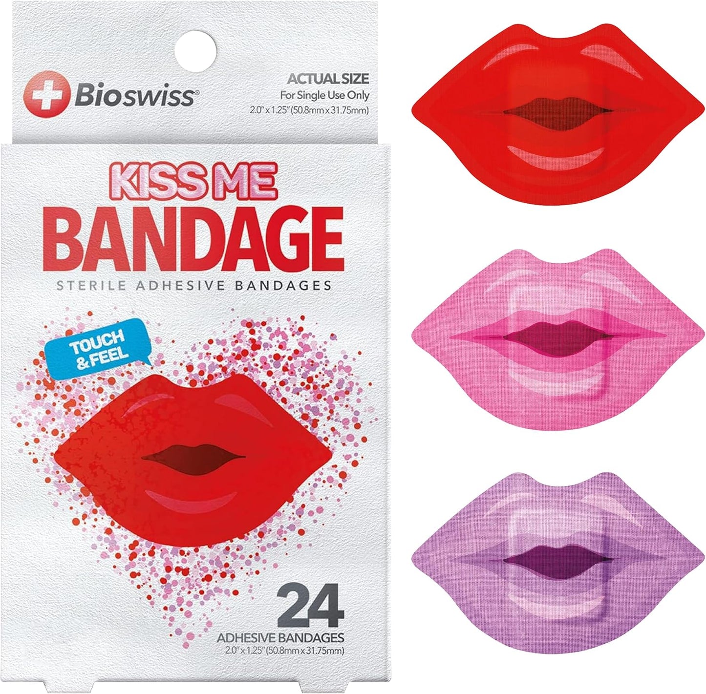 BioSwiss Bandages, Lips Shaped Self Adhesive Bandage, Latex Free Sterile Wound Care, Fun First Aid Kit Supplies for Kids, 24 Count