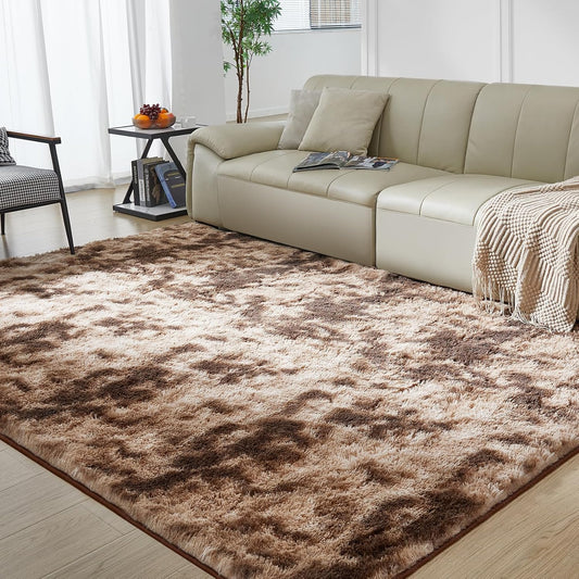 Ultra Soft Rug for Living Room, 9X12 Fluffy Shag Area Rug for Bedroom, Modern Shaggy Carpets Fuzzy Rug for Teens Dorm Nursery Home Decor Aesthetic, Upgrade Anti-Skid Durable, Tie-Dyed Coffee