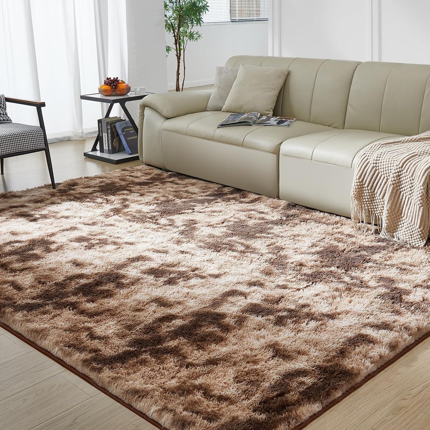 Ultra Soft Rug for Living Room, 8X10 Tie-Dyed Coffee Fluffy Shag Area Rug for Bedroom, Modern Shaggy Carpets Fuzzy Rug for Teens Dorm Nursery Home Decor Aesthetic, Upgrade Anti-Skid Durable