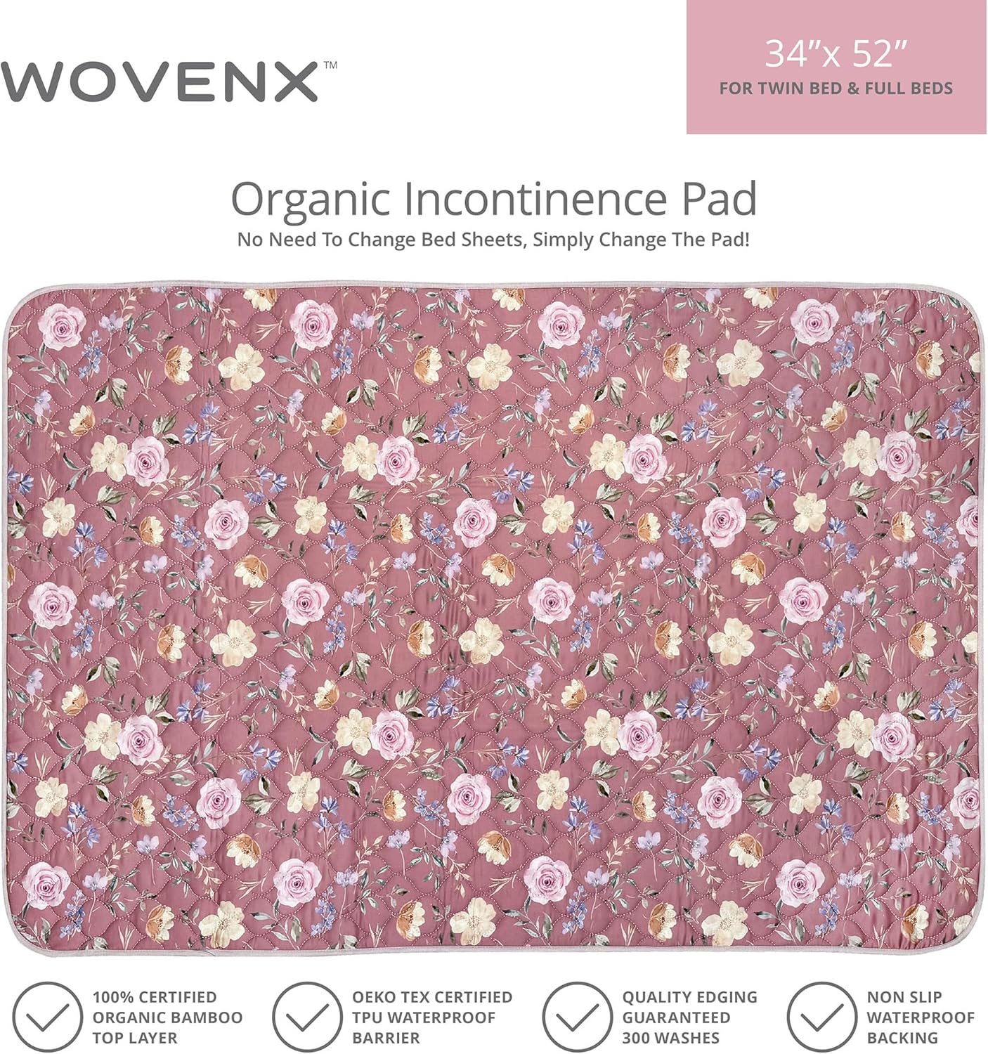 Organic Incontinence Pad for Period - Waterproof Protectors - Reusable Washable Pee Pad - Fits Twin to Full Size Beds - 100% Organic Viscose Derived from Bamboo - 34" x 52" Dark Flower