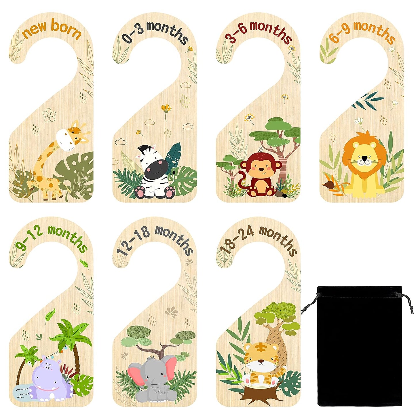 R HORSE 8Pcs Safari Baby Closet Dividers, Double Sided Nursery Hanger Dividers Wood Baby Closet Size Organizers for Boy Girl Birthday Christmas Gift (0-24 Months)