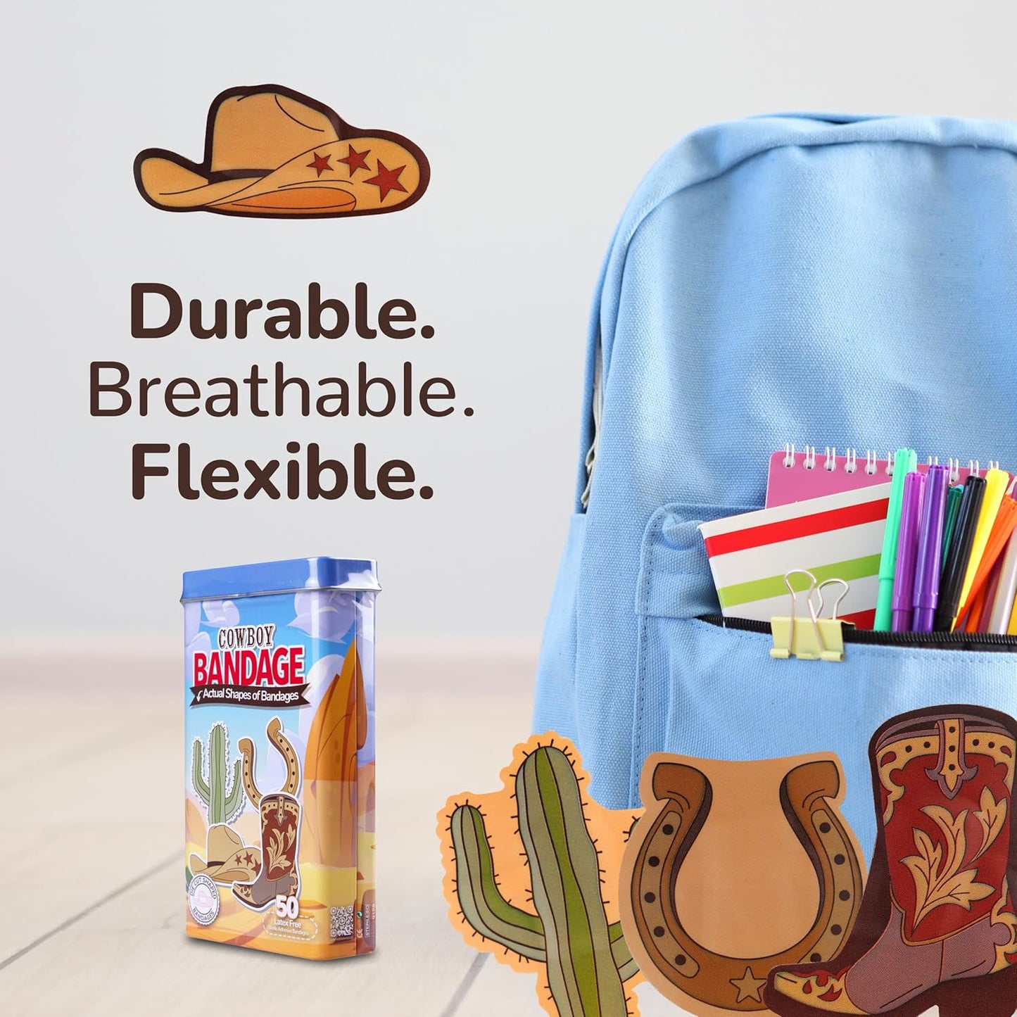 BioSwiss Bandages, Cowboy Shaped Self Adhesive Bandage, Latex Free Wound Care, Fun First Aid Kit Supplies for Kids and Adults, 50 Count