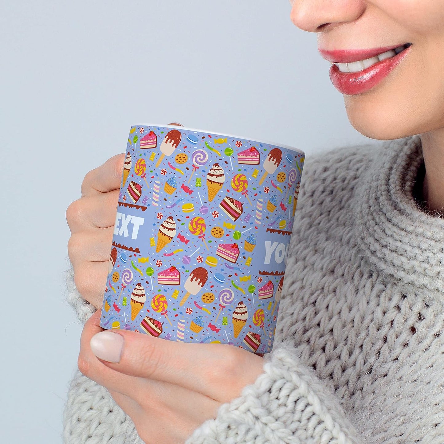 Personalized Mug for Kids - Sweets - Custom Name/Text, Ceramic Hot Chocolate/Cocoa/Coffee Cup for Boys/Girls, Birthday/Christmas/Holiday Gift - 11 oz, Light Blue Handle