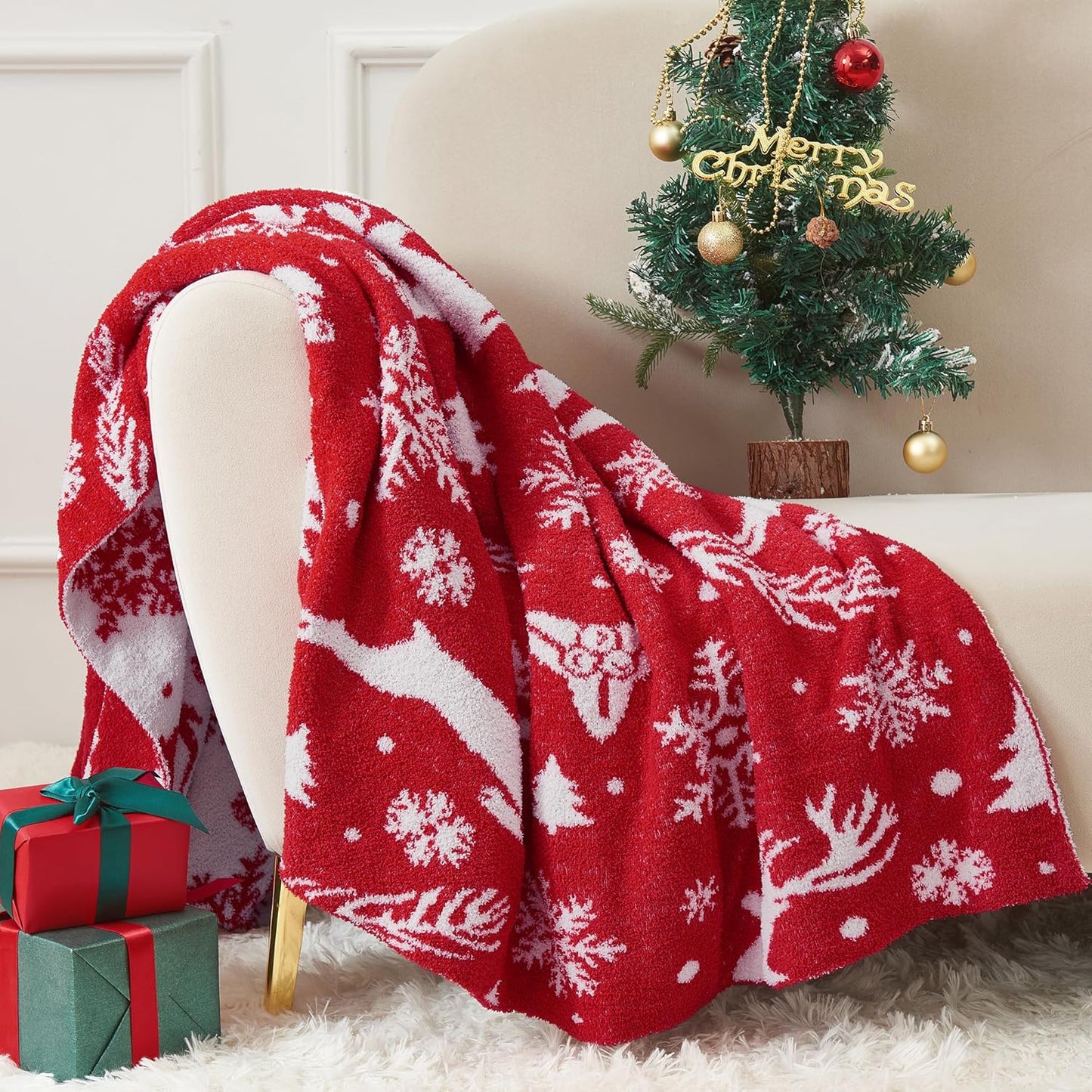 SeaRoomy Christmas Blanket, Ultra Soft Cozy Fuzzy Warm Reversible Knit Throw Blanket for Couch, Microfiber Lightweight Knitted Blanket Holiday Theme Home Christmas Decor (Reindeer, 51"×63")