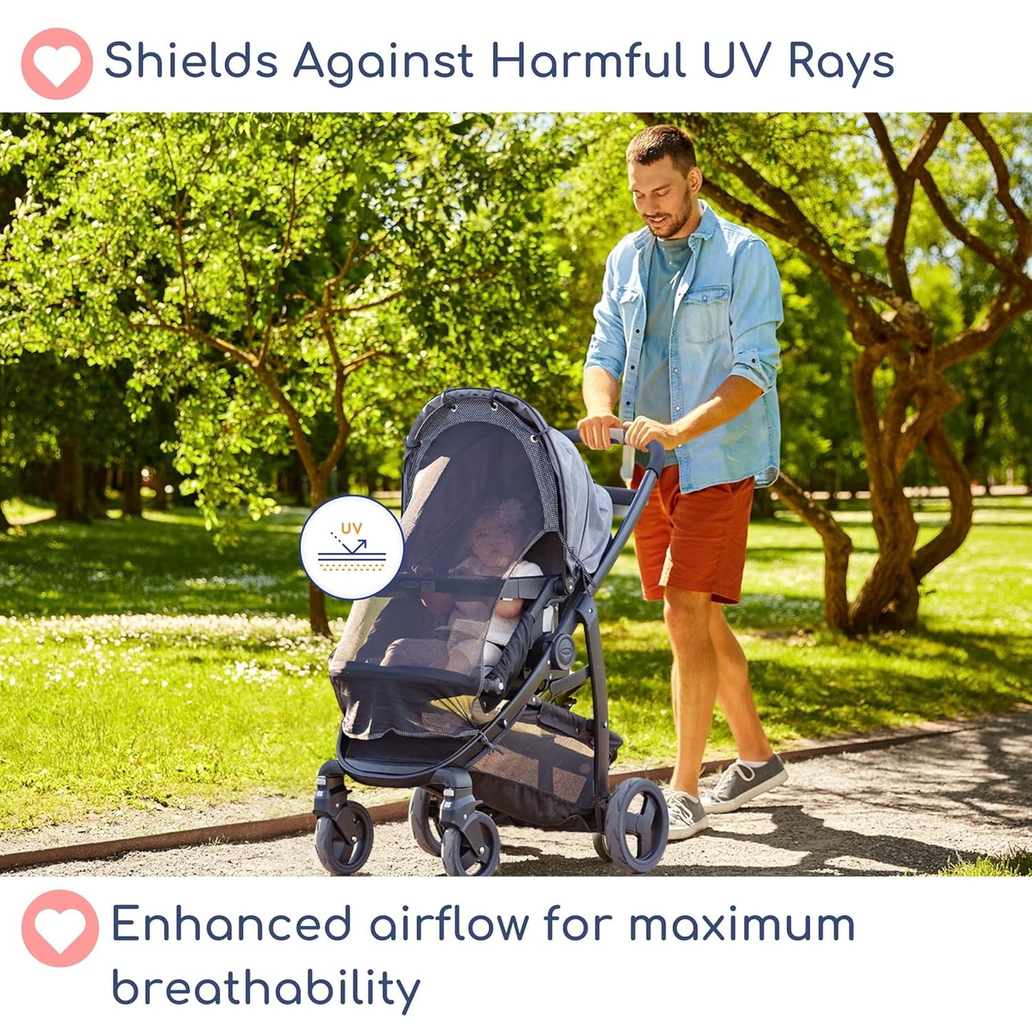 Stroller Sun Shade - Universal UV Protection Cover for Strollers Sunshade with See Through, Clip-On Sun Blocker, Sun Shield for Baby, Breathable Adjustable Fit, Full Coverage, Large