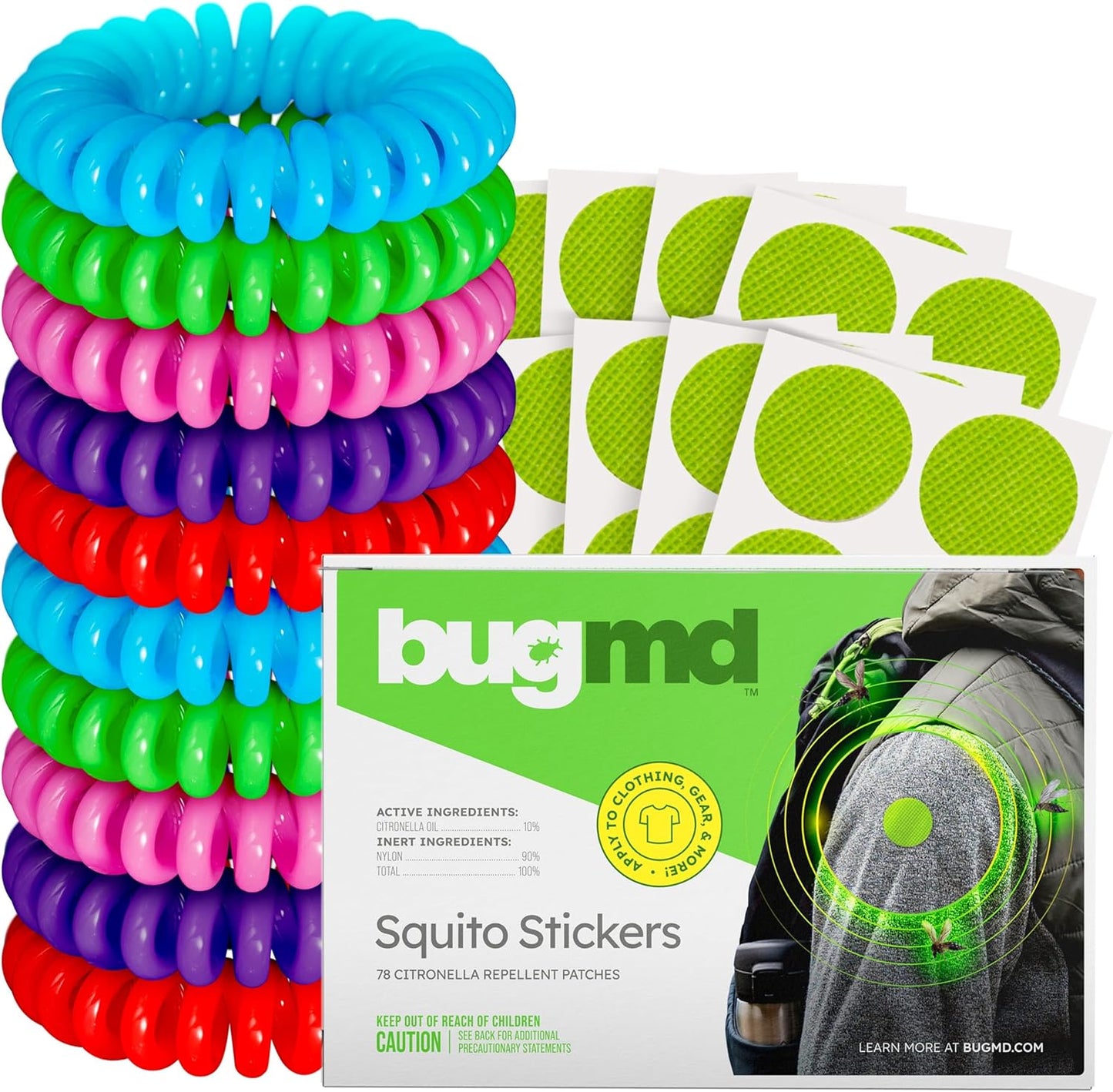 BugMD Mosquito Repellent Bundle: 78 Safe & Effective Squito Stickers and 10 DEET-Free Citronella Bracelets for Kids & Adults - Perfect for Camping, Beach, Hiking & Outdoor Adventures