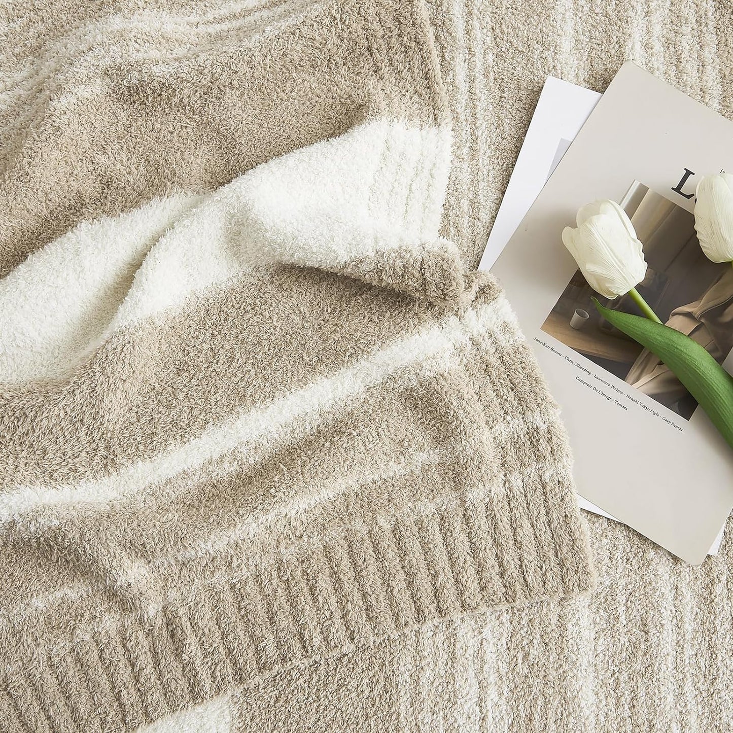 WRENGONGE Khaki Throw Blanket, 50x70 Soft Cozy Striped Throw Blankets for Couch, Sofa, Bed, Travel, Lightweight Fluffy Warm Plush Decorative Blankets for Women, Men,Kids Gift